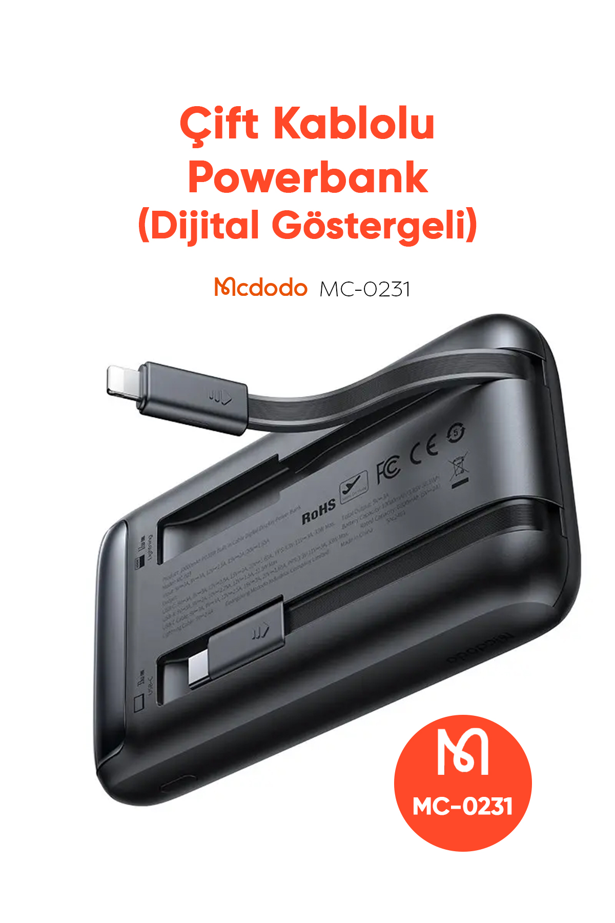 MC-0231 10.000 mAh 33W ŞARJ GÖSTERGELİ ÇİFT KABLOLU POWERBANK- SİYAH Afişi