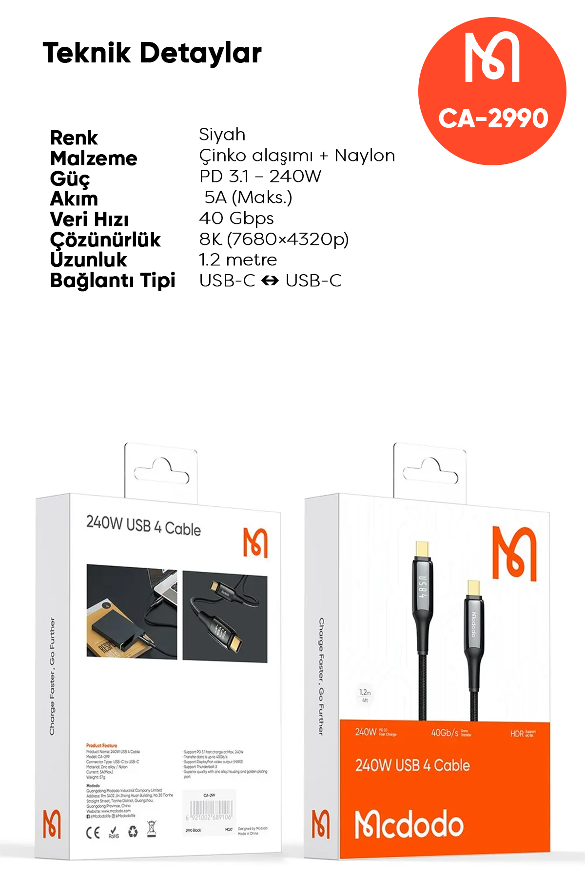 CA-2990 240 W USB 4.0  TYPE C TO TYPE C ŞARJ KABLOSU -SİYAH Afişi