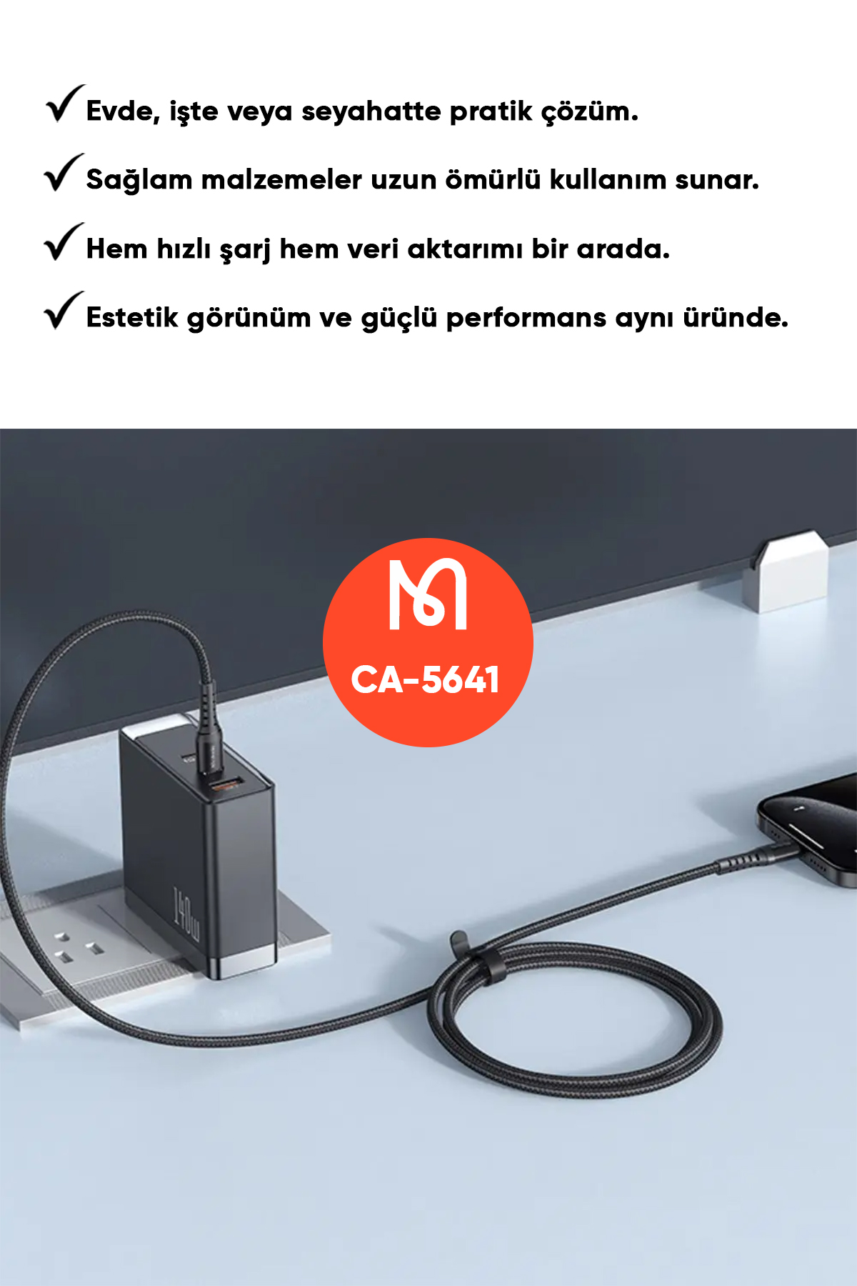 CA-5641 60W 3A USB-C TO USB-C ŞARJ VE DATA KABLOSU SİYAH - 1M Afişi