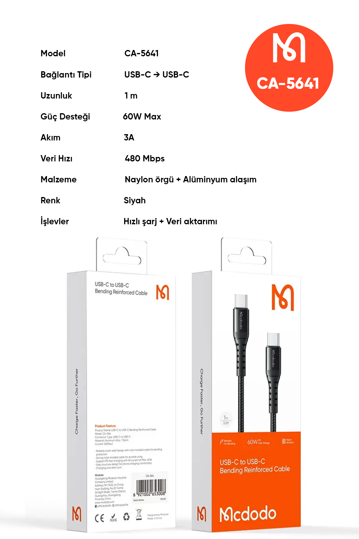 CA-5641 60W 3A USB-C TO USB-C ŞARJ VE DATA KABLOSU SİYAH - 1M Afişi