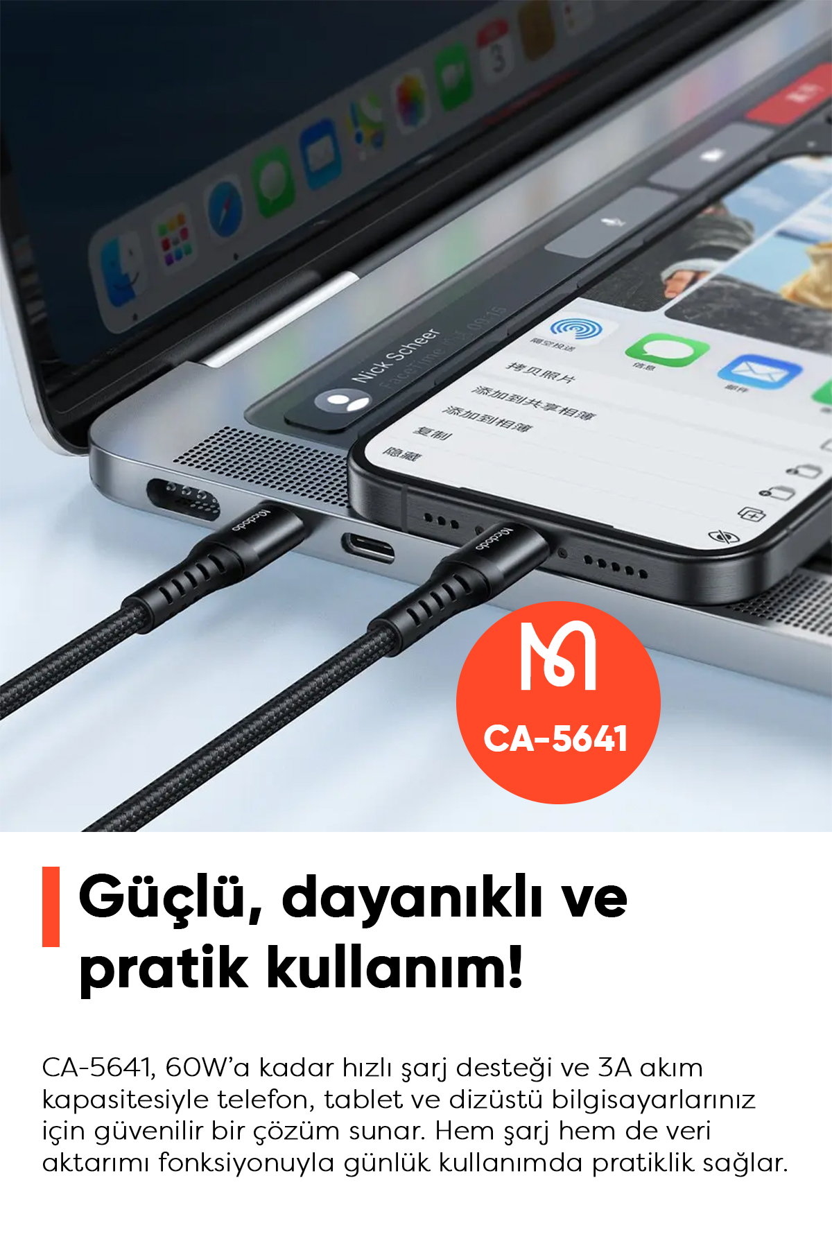 CA-5641 60W 3A USB-C TO USB-C ŞARJ VE DATA KABLOSU SİYAH - 1M Afişi