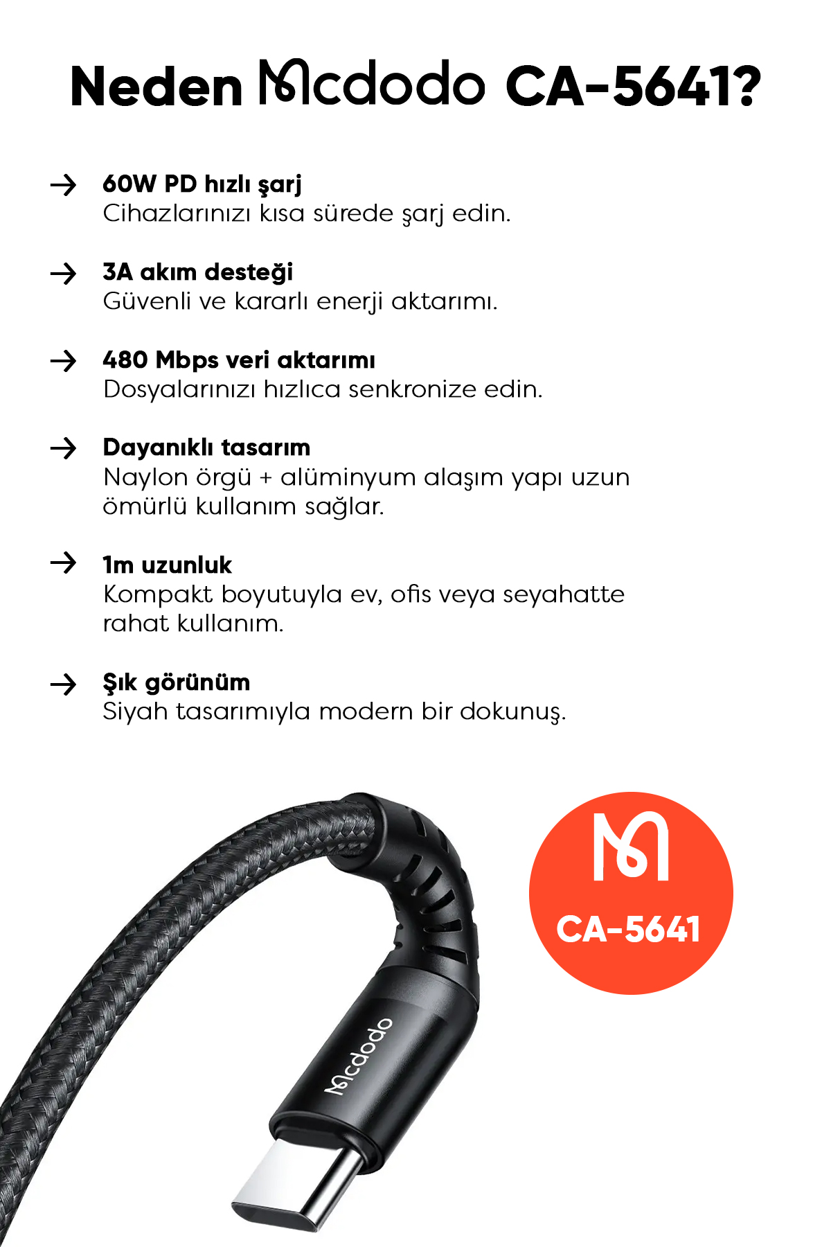 CA-5641 60W 3A USB-C TO USB-C ŞARJ VE DATA KABLOSU SİYAH - 1M Afişi