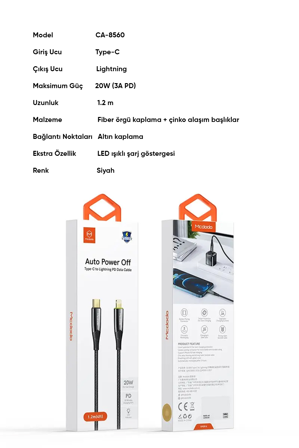 CA-8560 20W TYPE-C TO LIGHTNİNG ŞARJ VE DATA KABLOSU 1.2M Afişi