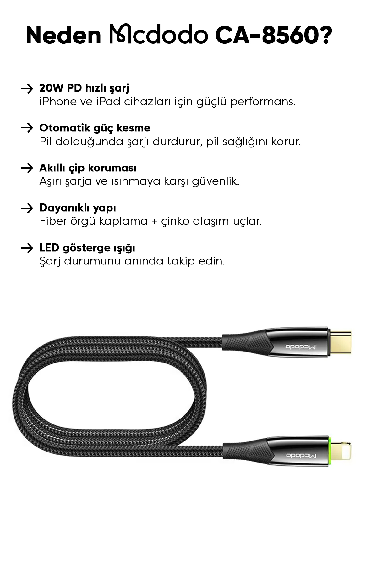 CA-8560 20W TYPE-C TO LIGHTNİNG ŞARJ VE DATA KABLOSU 1.2M Afişi