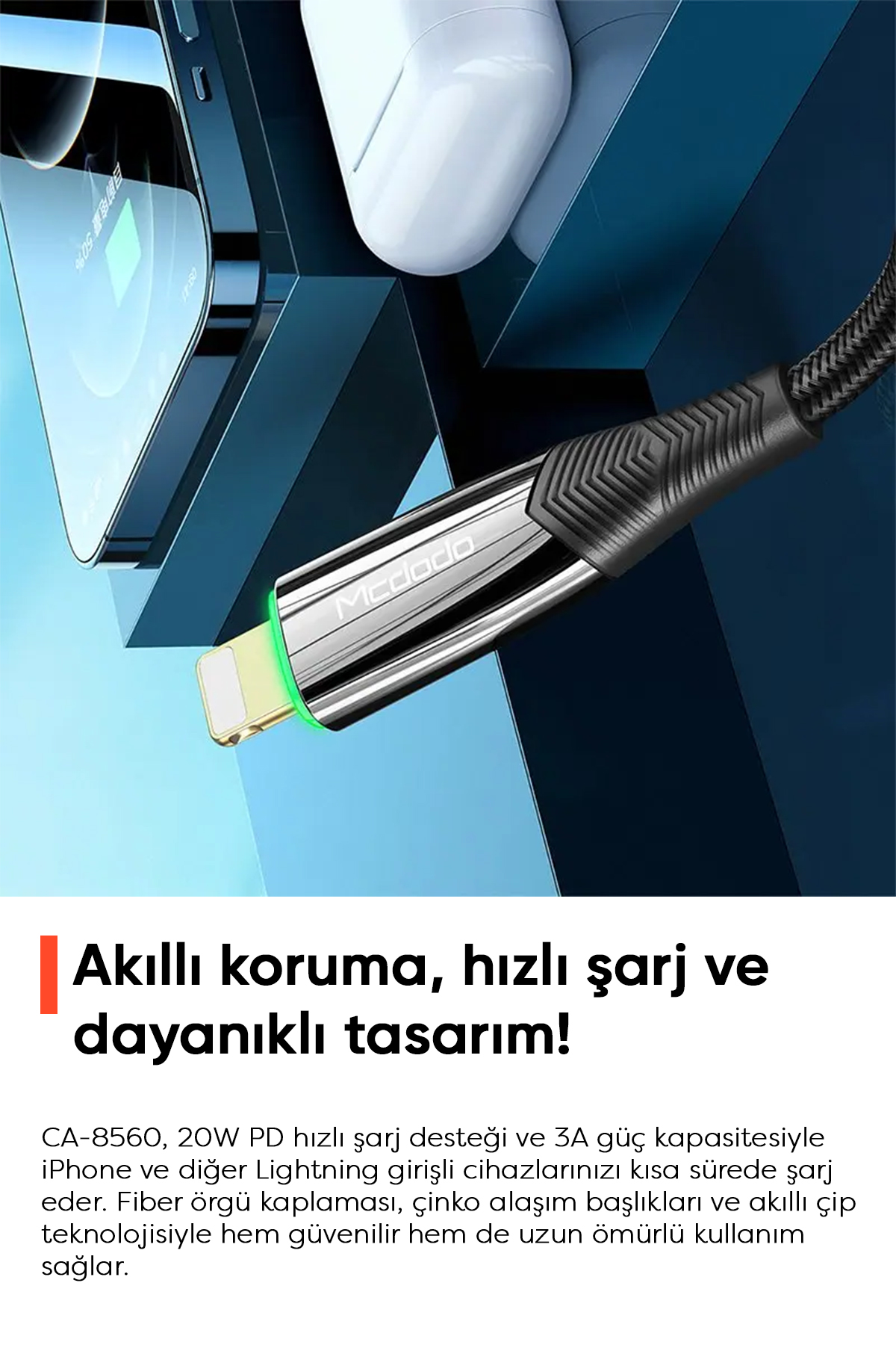 CA-8560 20W TYPE-C TO LIGHTNİNG ŞARJ VE DATA KABLOSU 1.2M Afişi