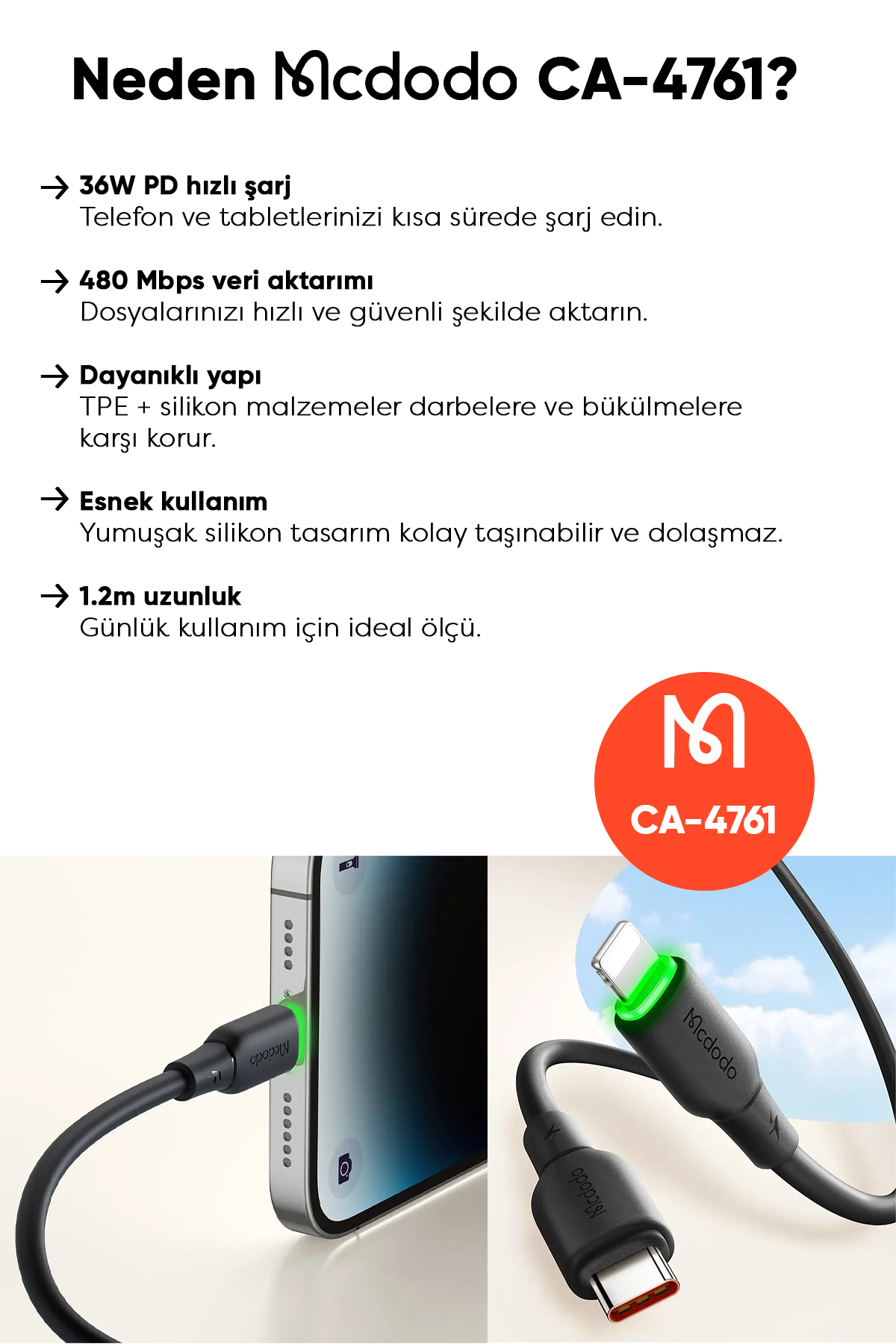 CA-4761 36W USB-C TO LIGHTNING ŞARJ VE DATA KABLOSU -1.2 M SİYAH Afişi