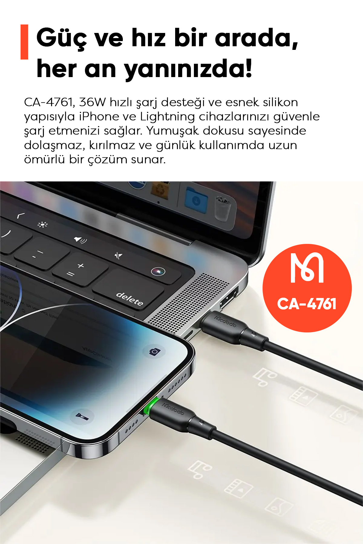 CA-4761 36W USB-C TO LIGHTNING ŞARJ VE DATA KABLOSU -1.2 M SİYAH Afişi
