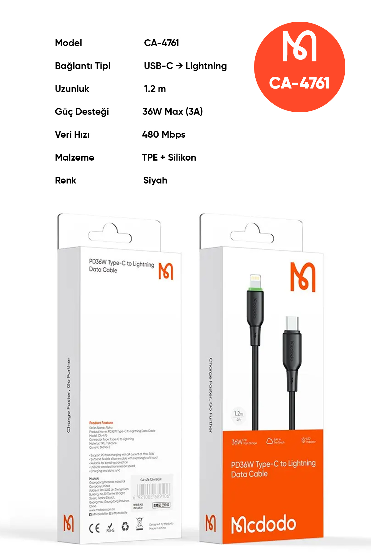 CA-4761 36W USB-C TO LIGHTNING ŞARJ VE DATA KABLOSU -1.2 M SİYAH Afişi
