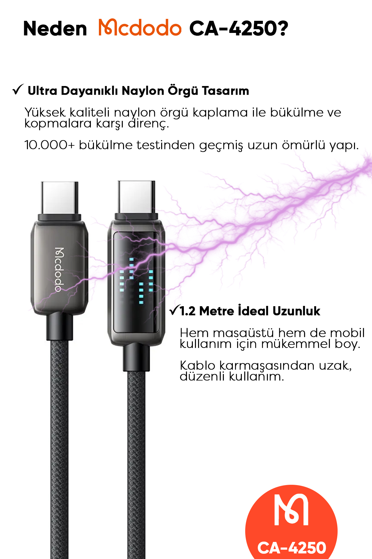 CA-4250 100W TYPE-C TO TYPE-C  ŞARJ HIZ GÖSTERGELİ ŞARJ VE DATA KABLOSU- 1.2 M SİYAH Afişi