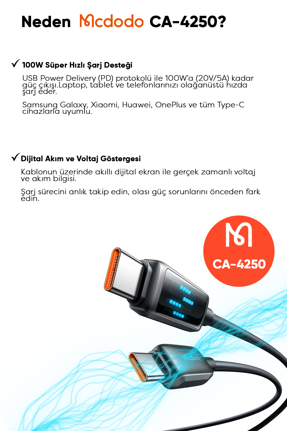 CA-4250 100W TYPE-C TO TYPE-C  ŞARJ HIZ GÖSTERGELİ ŞARJ VE DATA KABLOSU- 1.2 M SİYAH Afişi