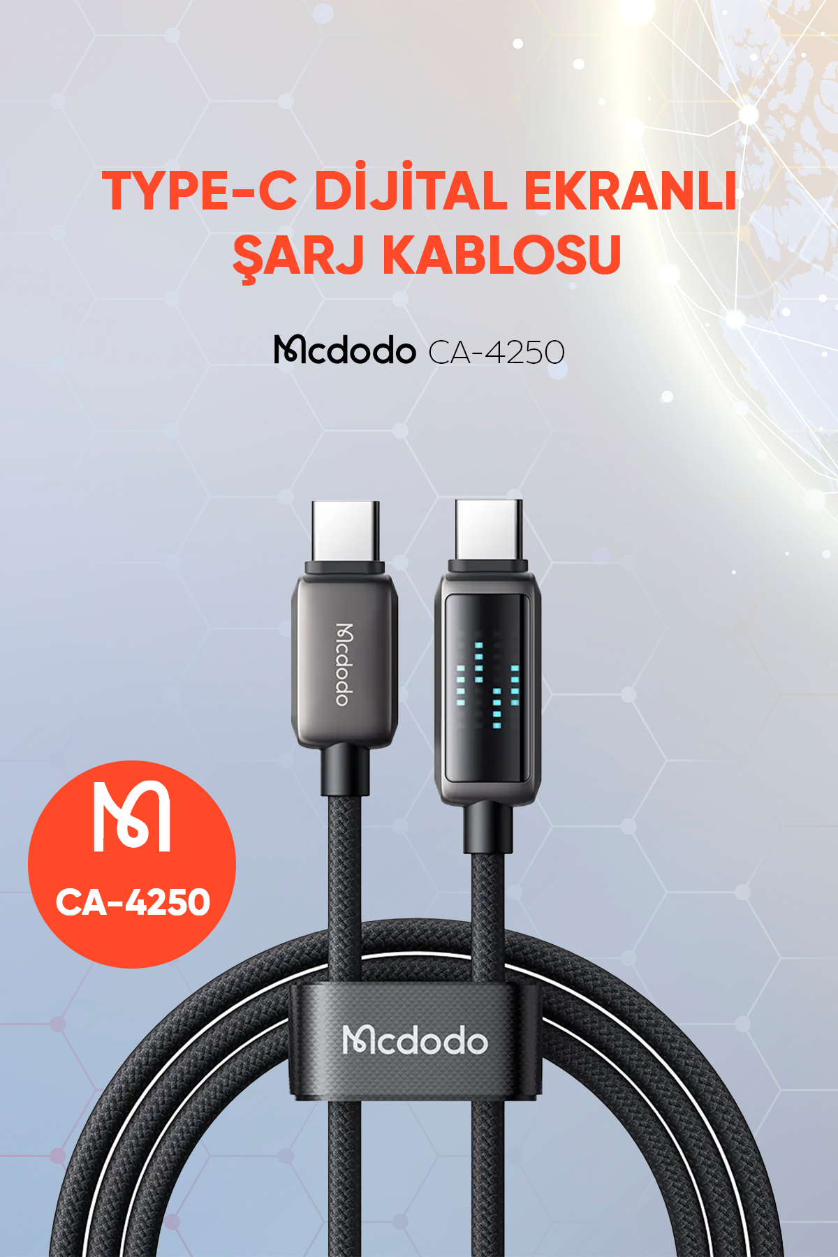 CA-4250 100W TYPE-C TO TYPE-C  ŞARJ HIZ GÖSTERGELİ ŞARJ VE DATA KABLOSU- 1.2 M SİYAH Afişi
