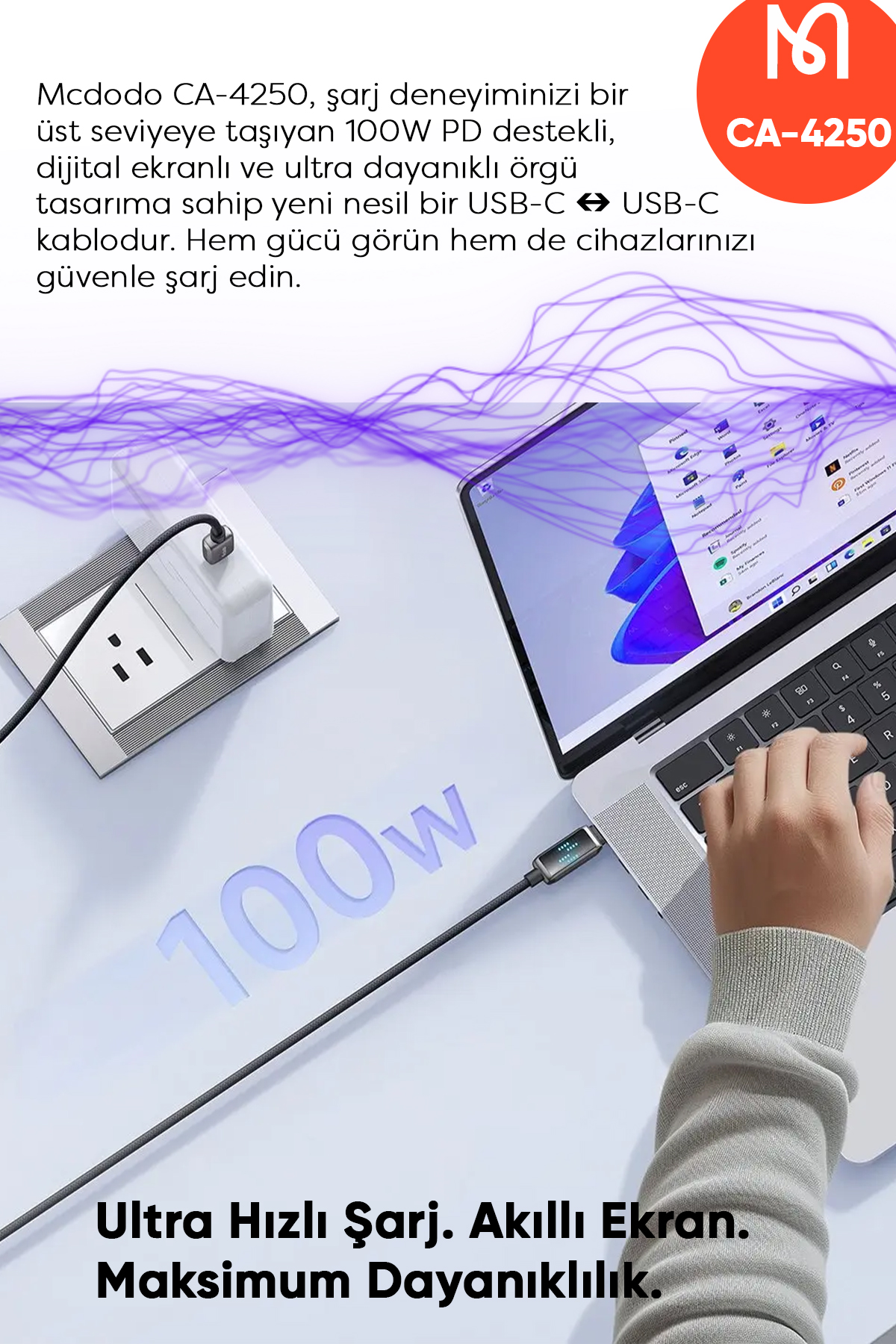 CA-4250 100W TYPE-C TO TYPE-C  ŞARJ HIZ GÖSTERGELİ ŞARJ VE DATA KABLOSU- 1.2 M SİYAH Afişi