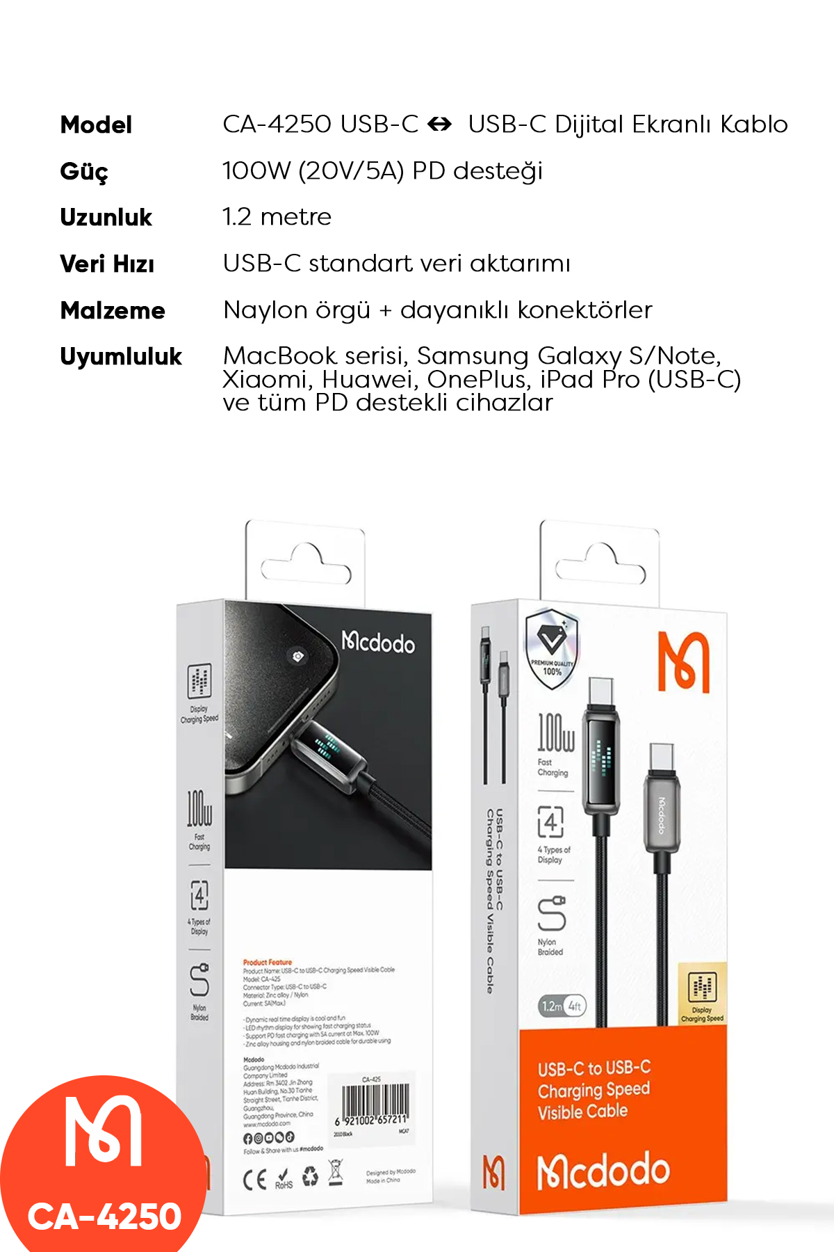 CA-4250 100W TYPE-C TO TYPE-C  ŞARJ HIZ GÖSTERGELİ ŞARJ VE DATA KABLOSU- 1.2 M SİYAH Afişi
