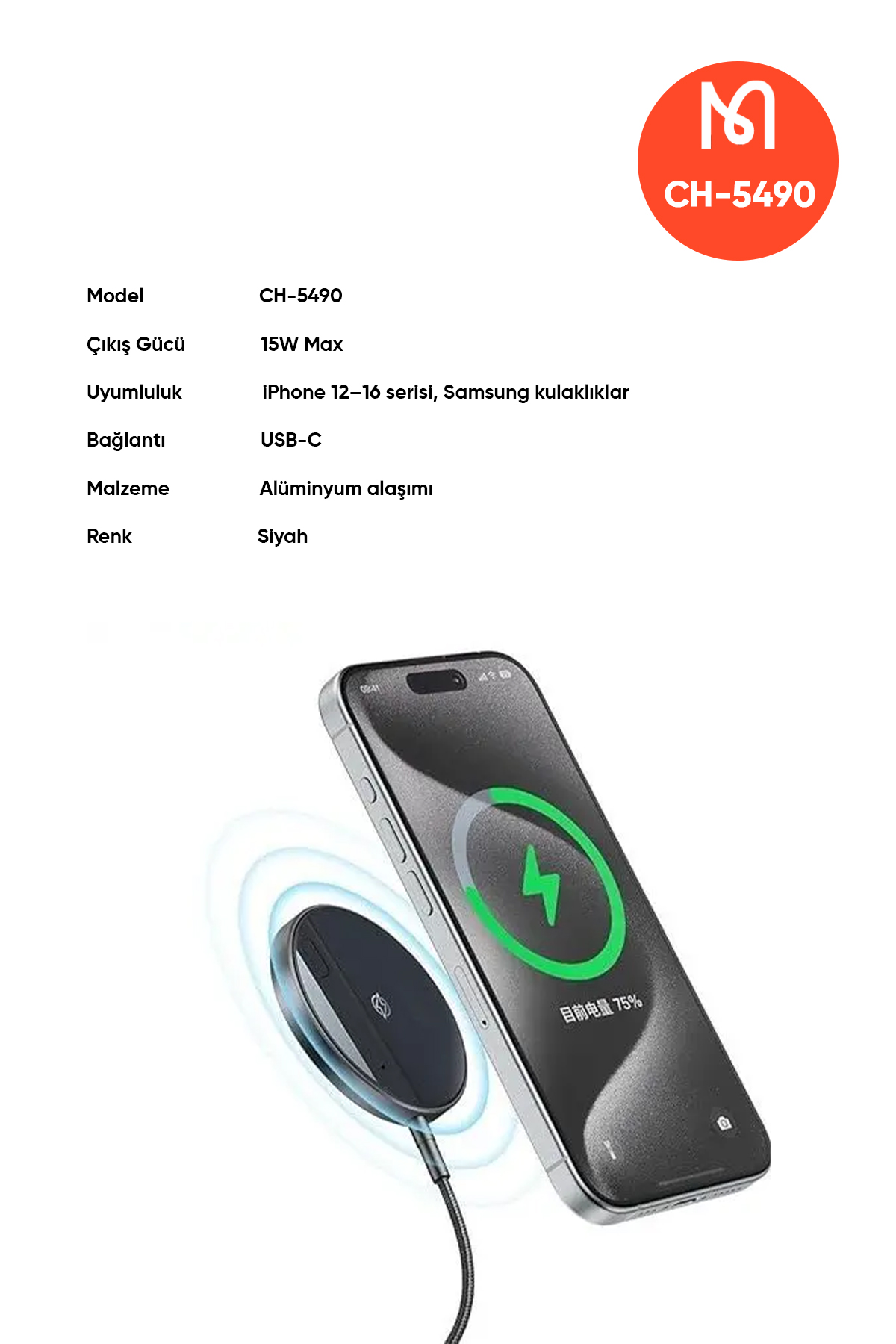 CH-5490 15W IPHONE MANYETİK KABLOSUZ ŞARJ CİHAZI - Siyah Afişi