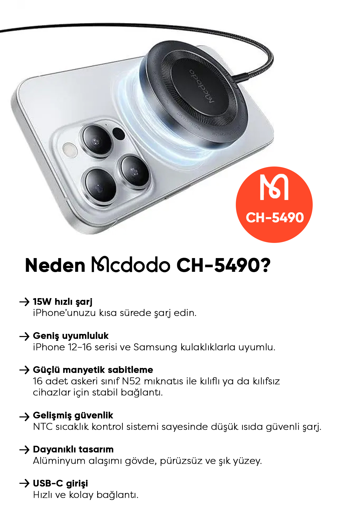 CH-5490 15W IPHONE MANYETİK KABLOSUZ ŞARJ CİHAZI - Siyah Afişi