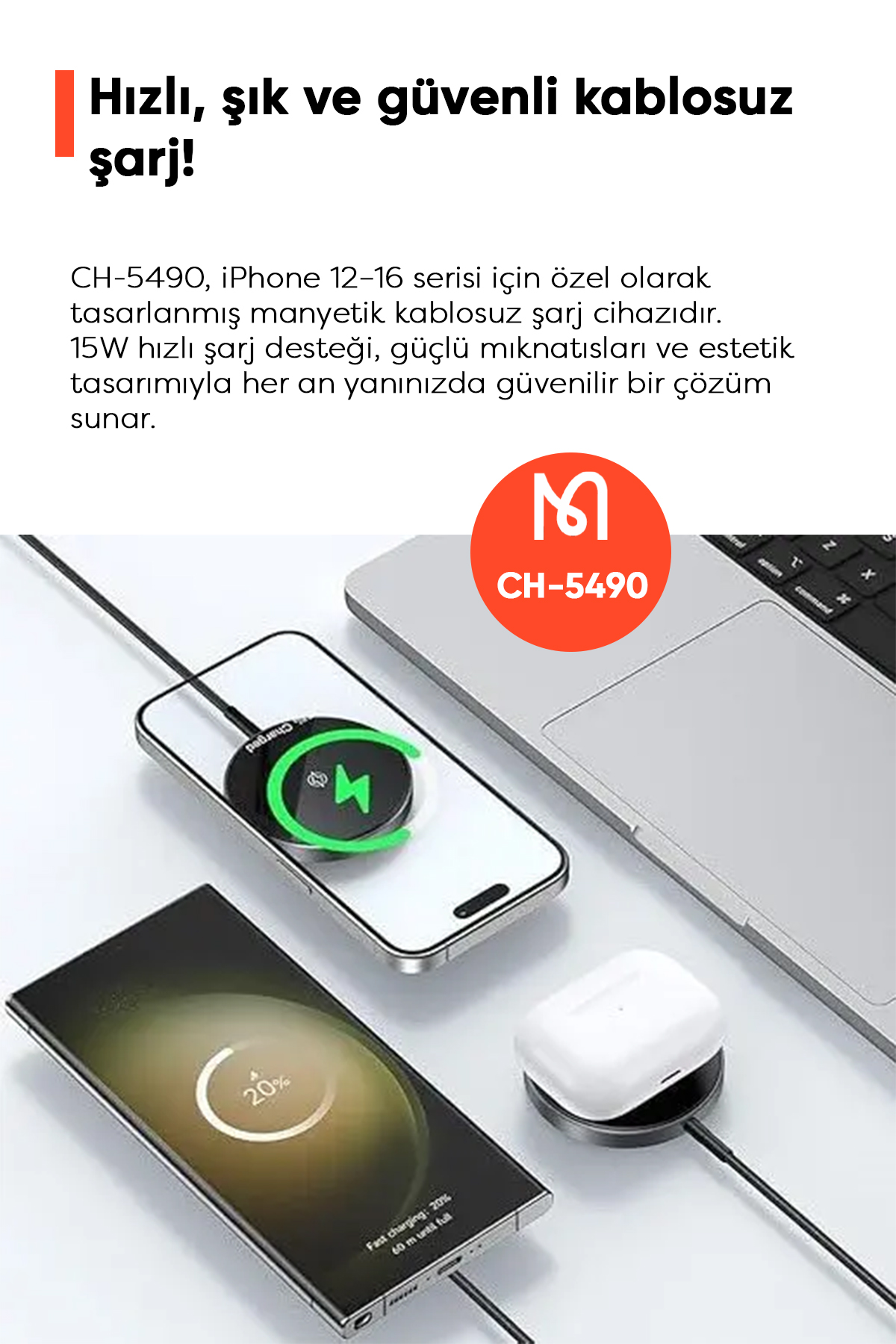 CH-5490 15W IPHONE MANYETİK KABLOSUZ ŞARJ CİHAZI - Siyah Afişi