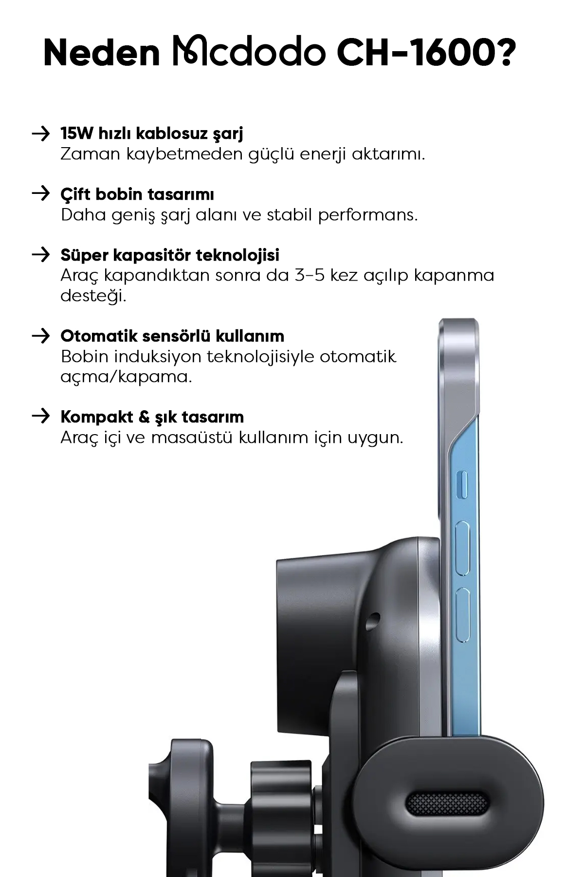 CH-1600 15W KABLOSUZ MAGSAFE ÖZELLİKLİ ARAÇ ŞARJ CİHAZI Afişi