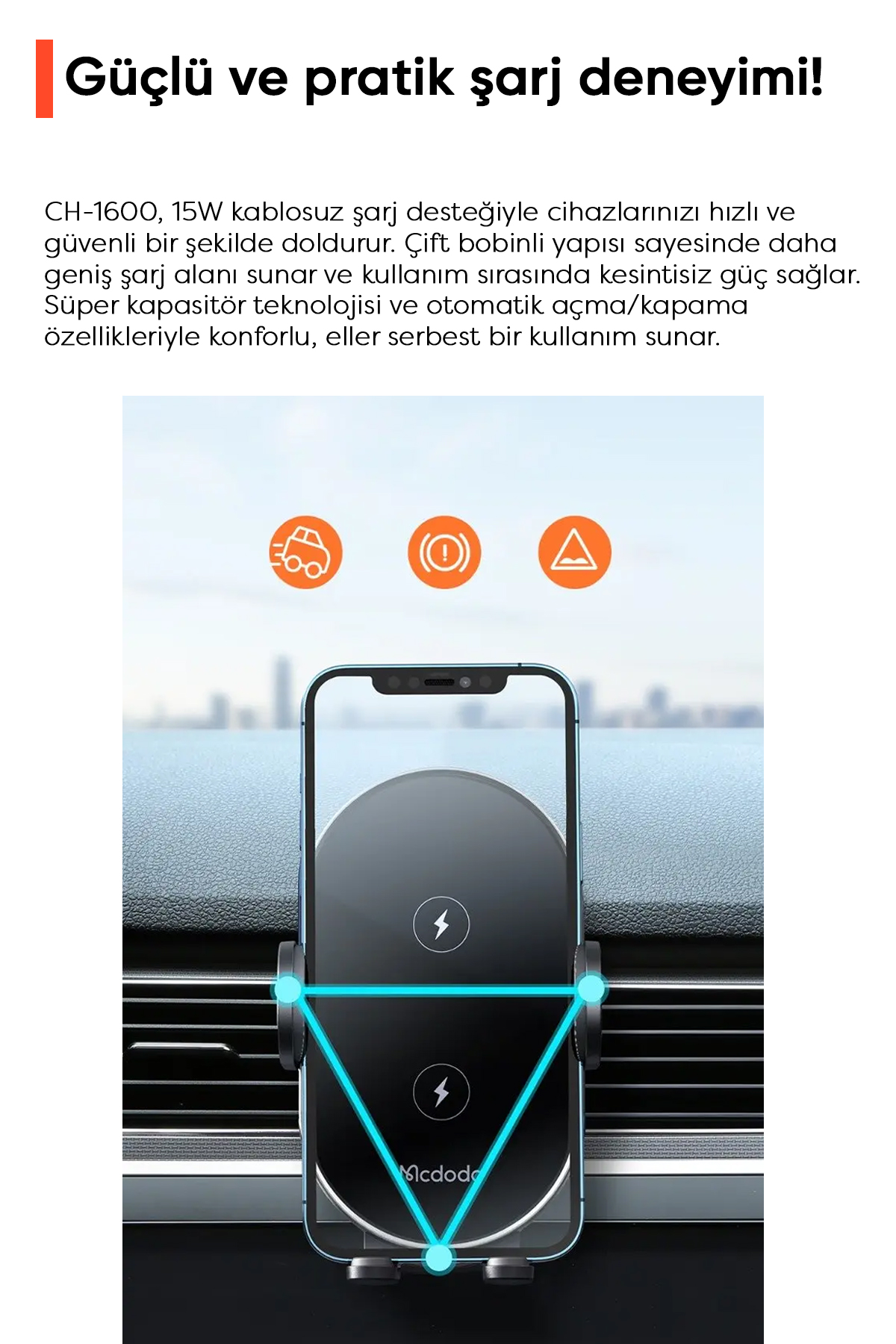 CH-1600 15W KABLOSUZ MAGSAFE ÖZELLİKLİ ARAÇ ŞARJ CİHAZI Afişi