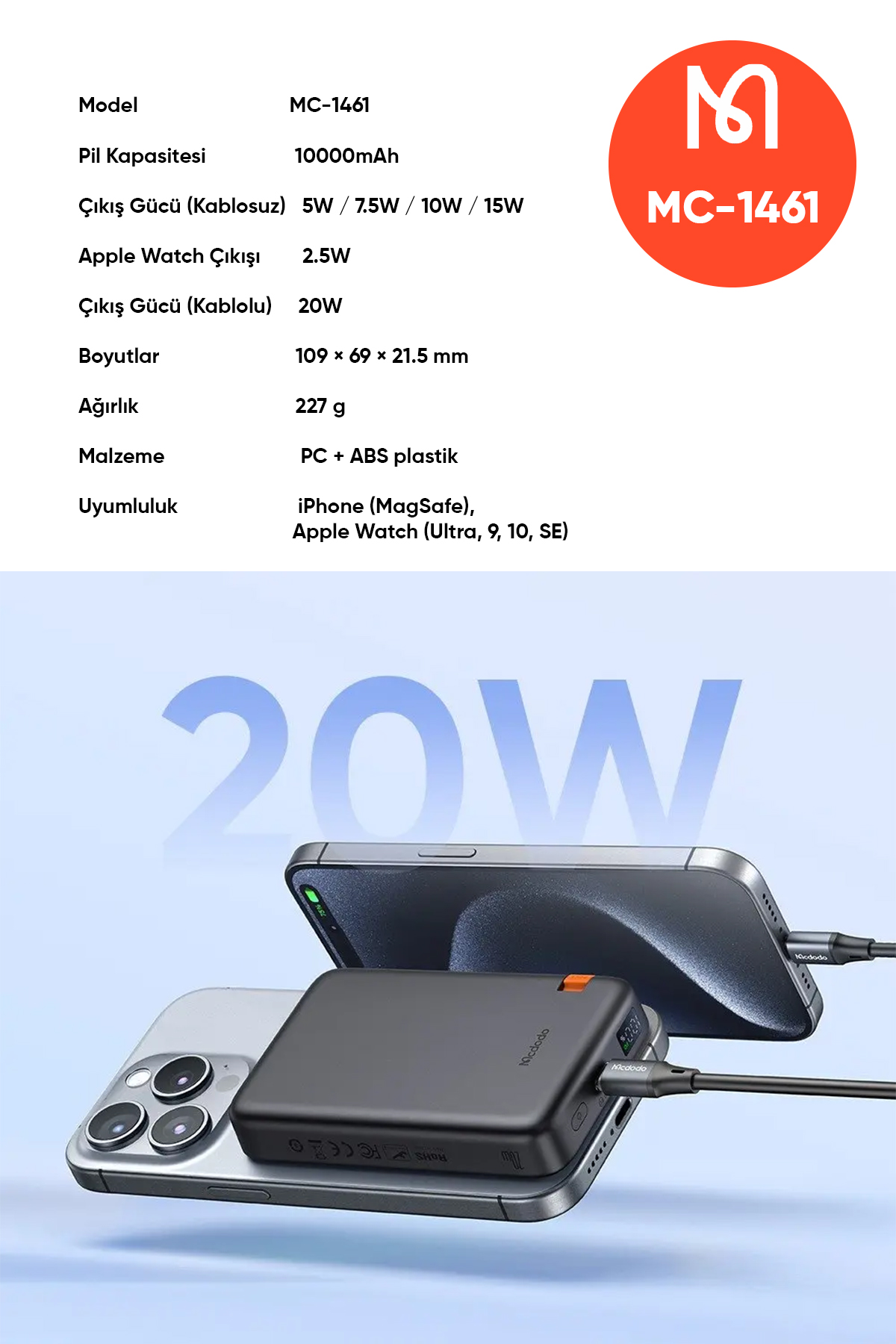 MC-1461 10000 mAh 20 W iPHONE + APPLE WATCH 2'si 1 ARADA MANYETİK POWERBANK Afişi