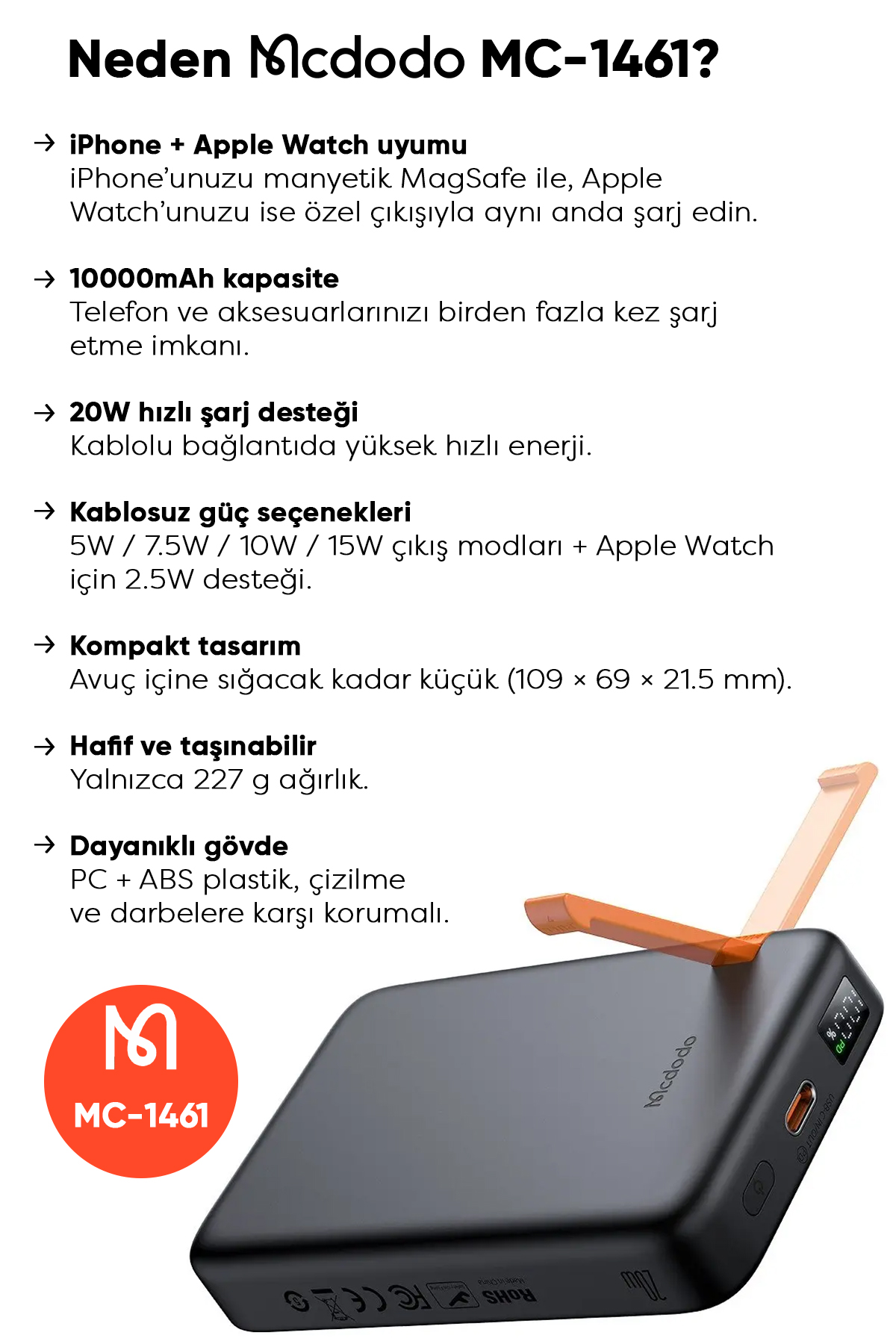 MC-1461 10000 mAh 20 W iPHONE + APPLE WATCH 2'si 1 ARADA MANYETİK POWERBANK Afişi