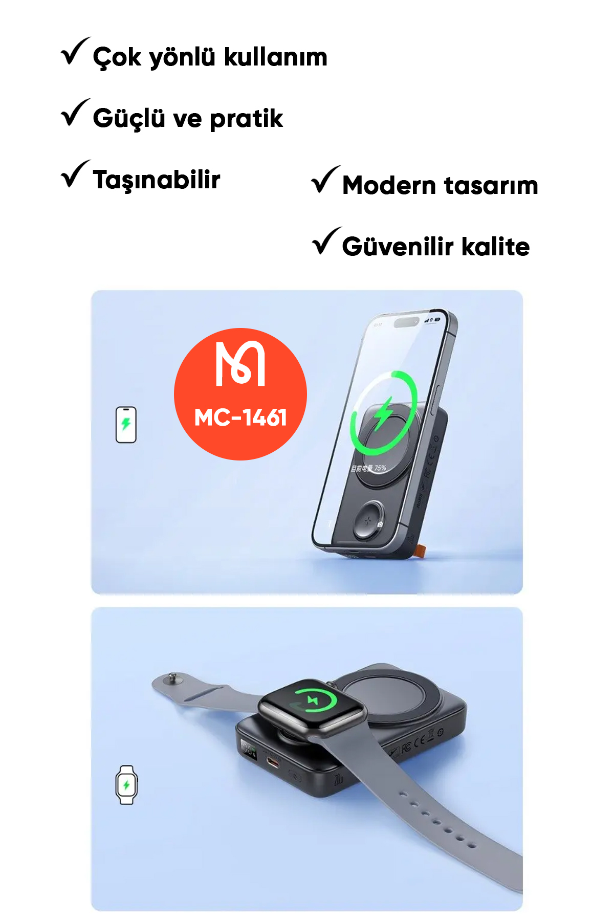 MC-1461 10000 mAh 20 W iPHONE + APPLE WATCH 2'si 1 ARADA MANYETİK POWERBANK Afişi
