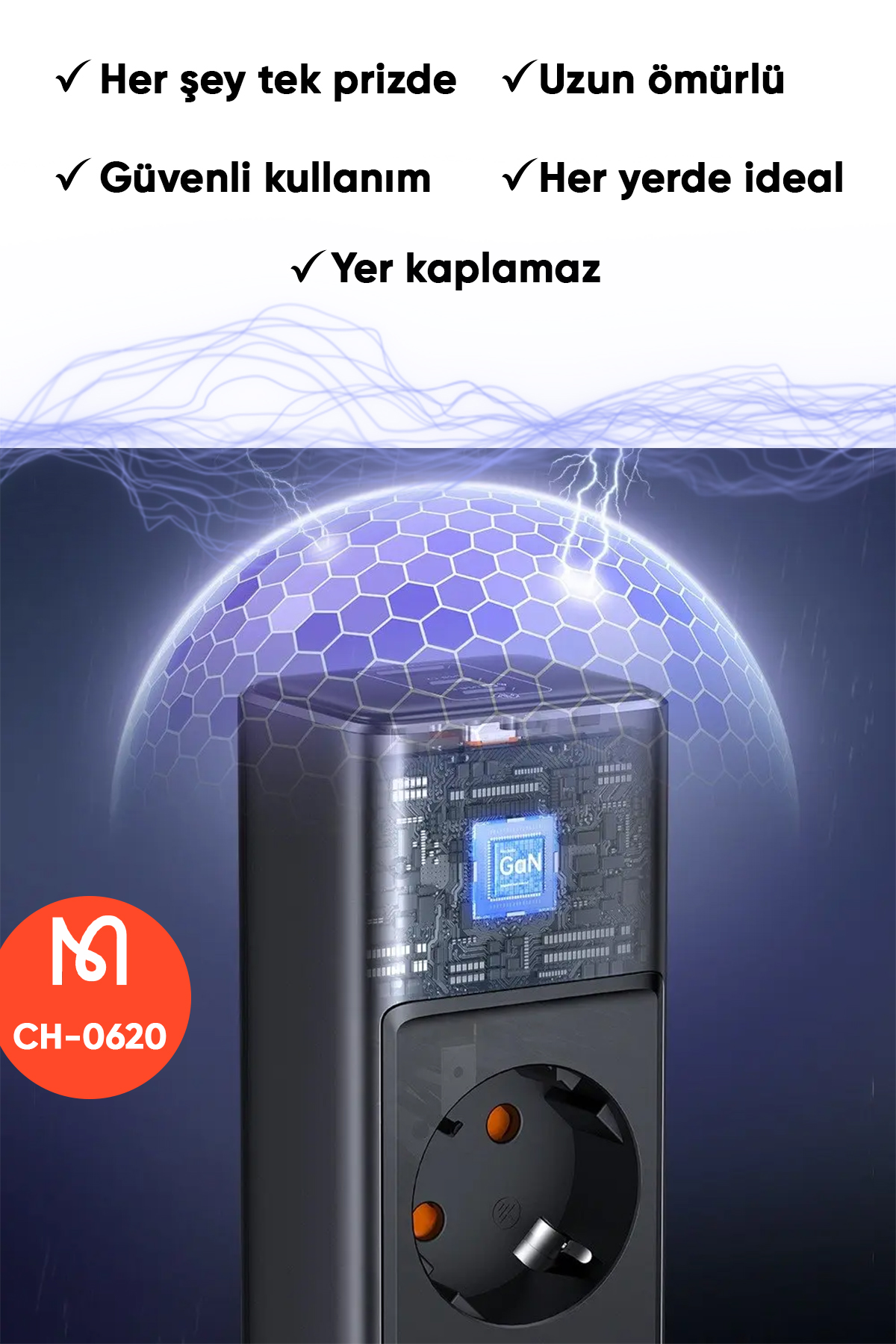 CH-0620 6in1 GaN 30W HIZLI ŞARJ CİHAZI (Akım Korumalı Priz)- Siyah Afişi