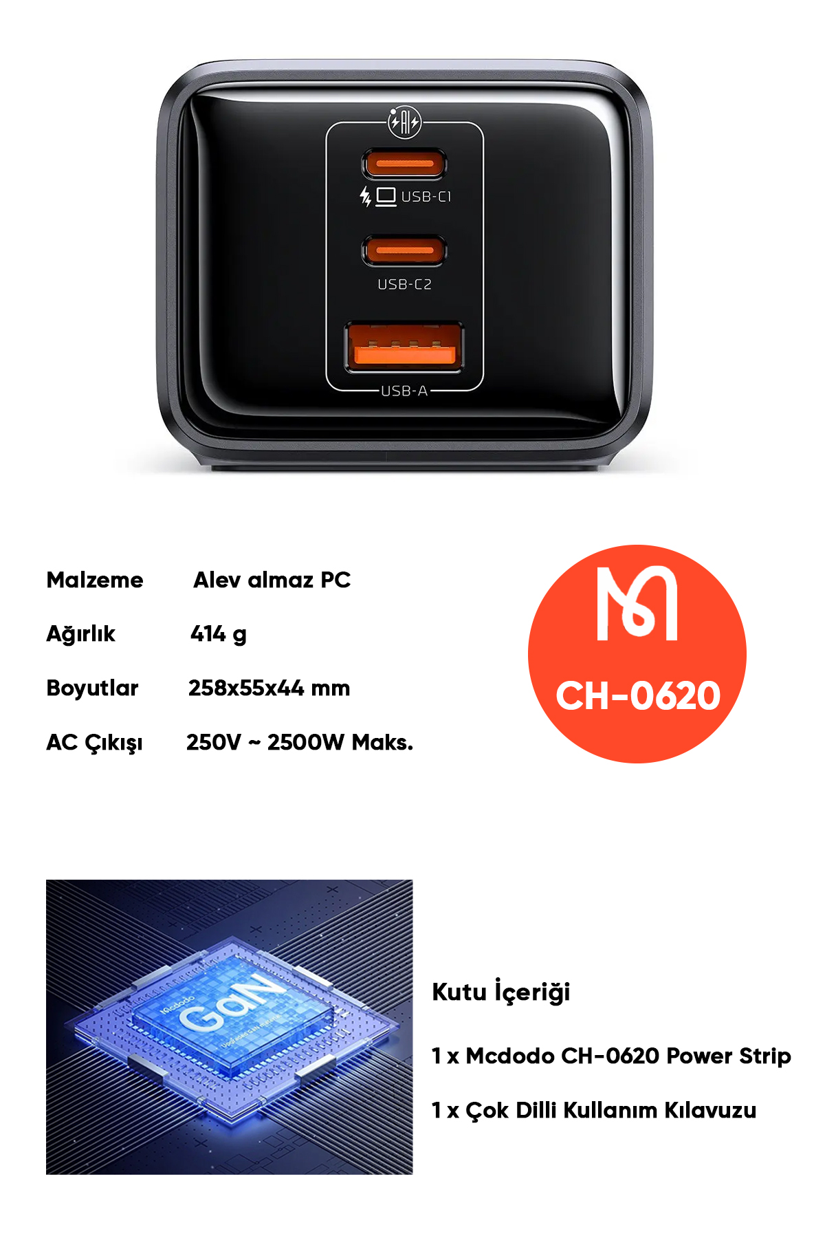 CH-0620 6in1 GaN 30W HIZLI ŞARJ CİHAZI (Akım Korumalı Priz)- Siyah Afişi