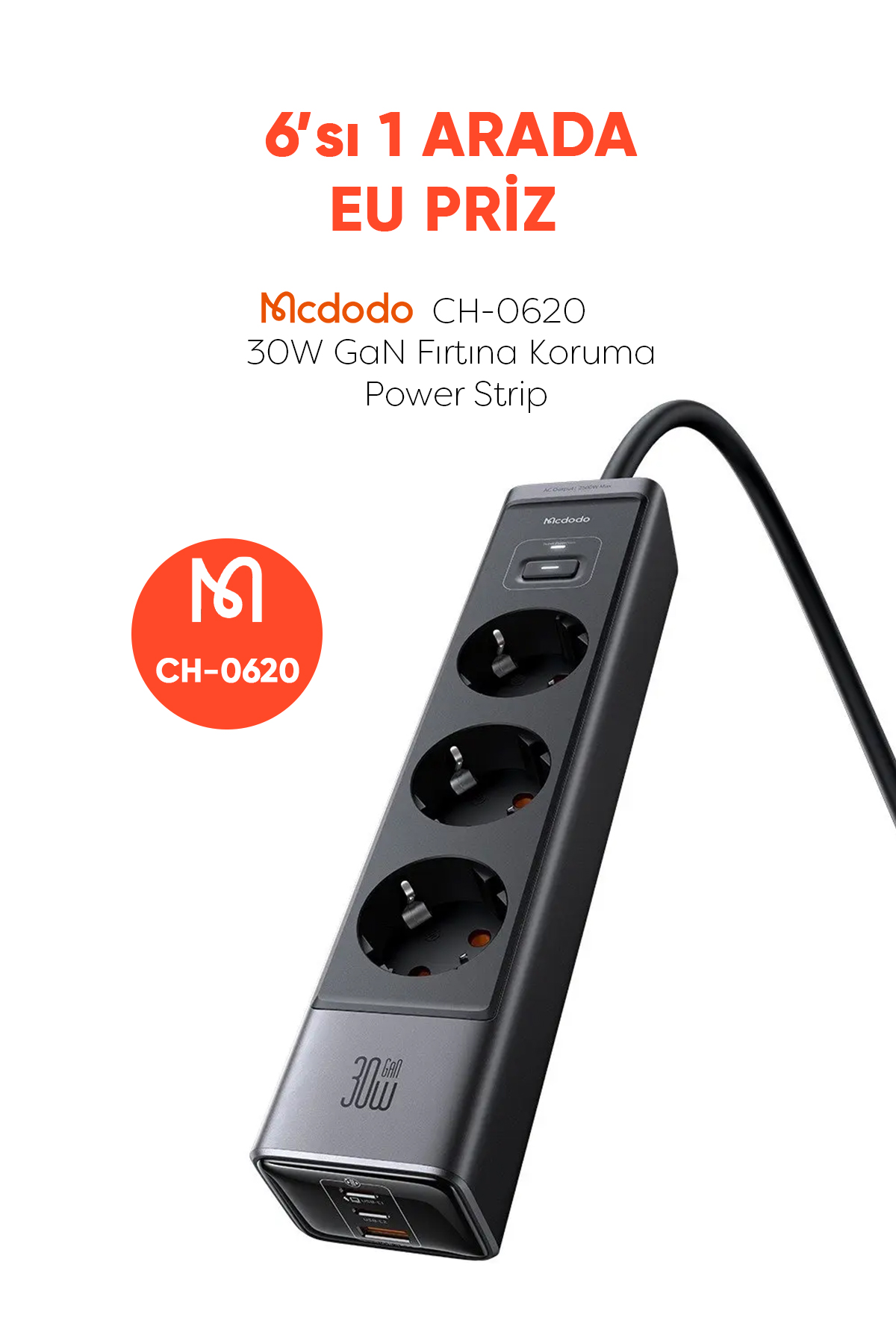CH-0620 6in1 GaN 30W HIZLI ŞARJ CİHAZI (Akım Korumalı Priz)- Siyah Afişi