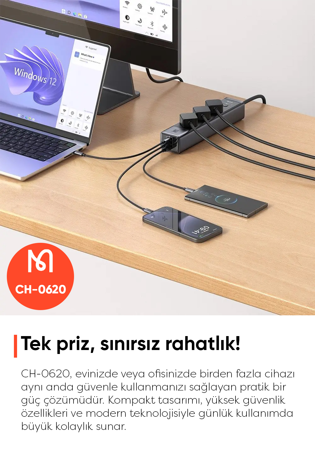 CH-0620 6in1 GaN 30W HIZLI ŞARJ CİHAZI (Akım Korumalı Priz)- Siyah Afişi