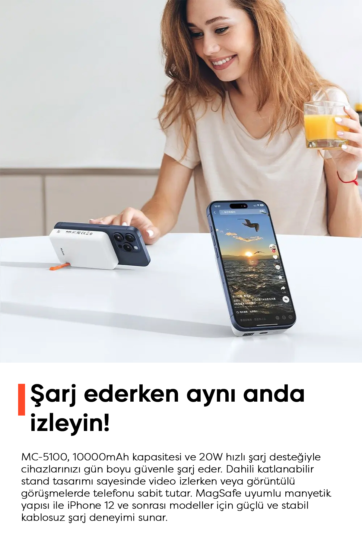MC-5100 15W 10000mAh STANDLI MANYETİK KABLOSUZ POWERBANK- Beyaz Afişi