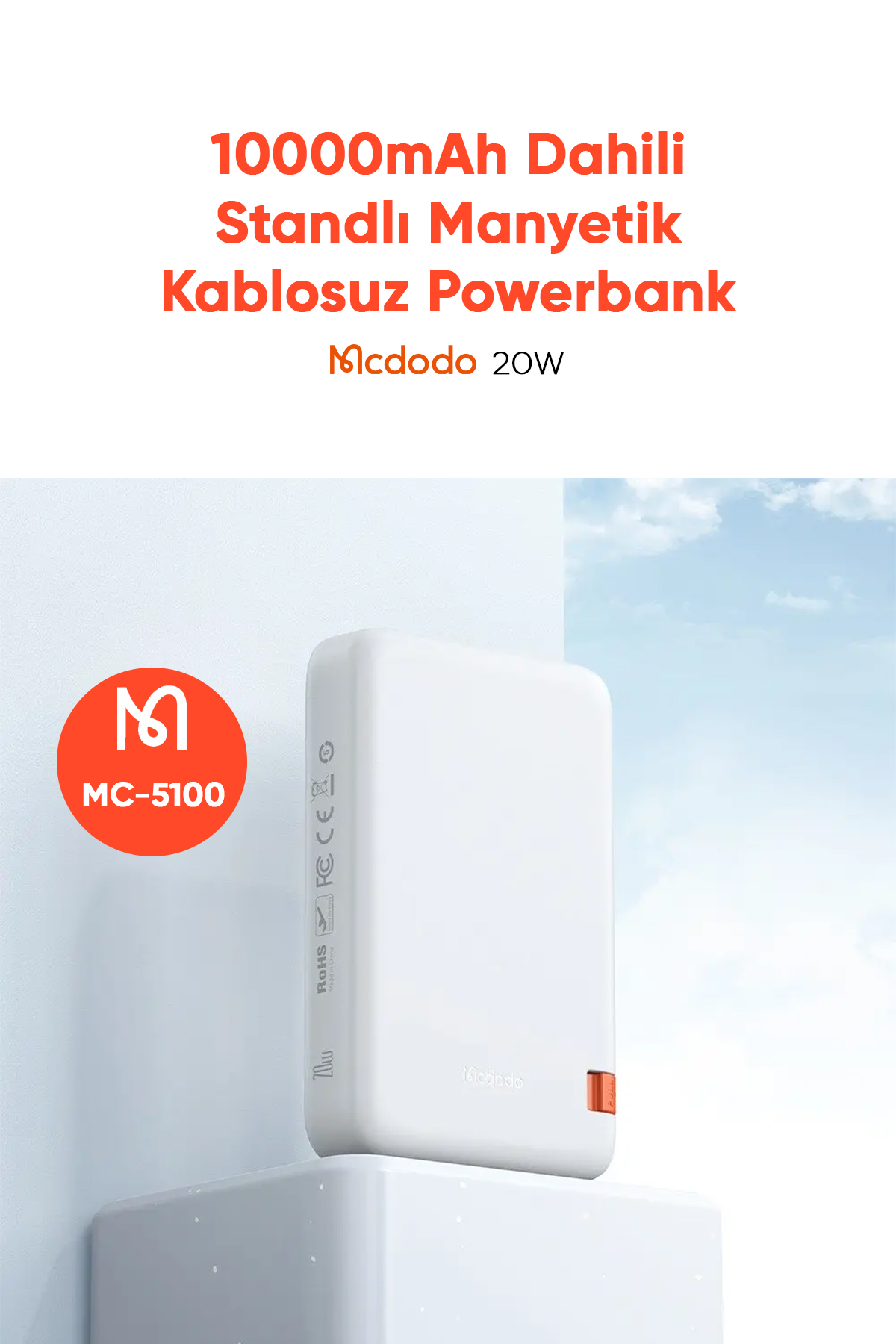 MC-5100 15W 10000mAh STANDLI MANYETİK KABLOSUZ POWERBANK- Beyaz Afişi