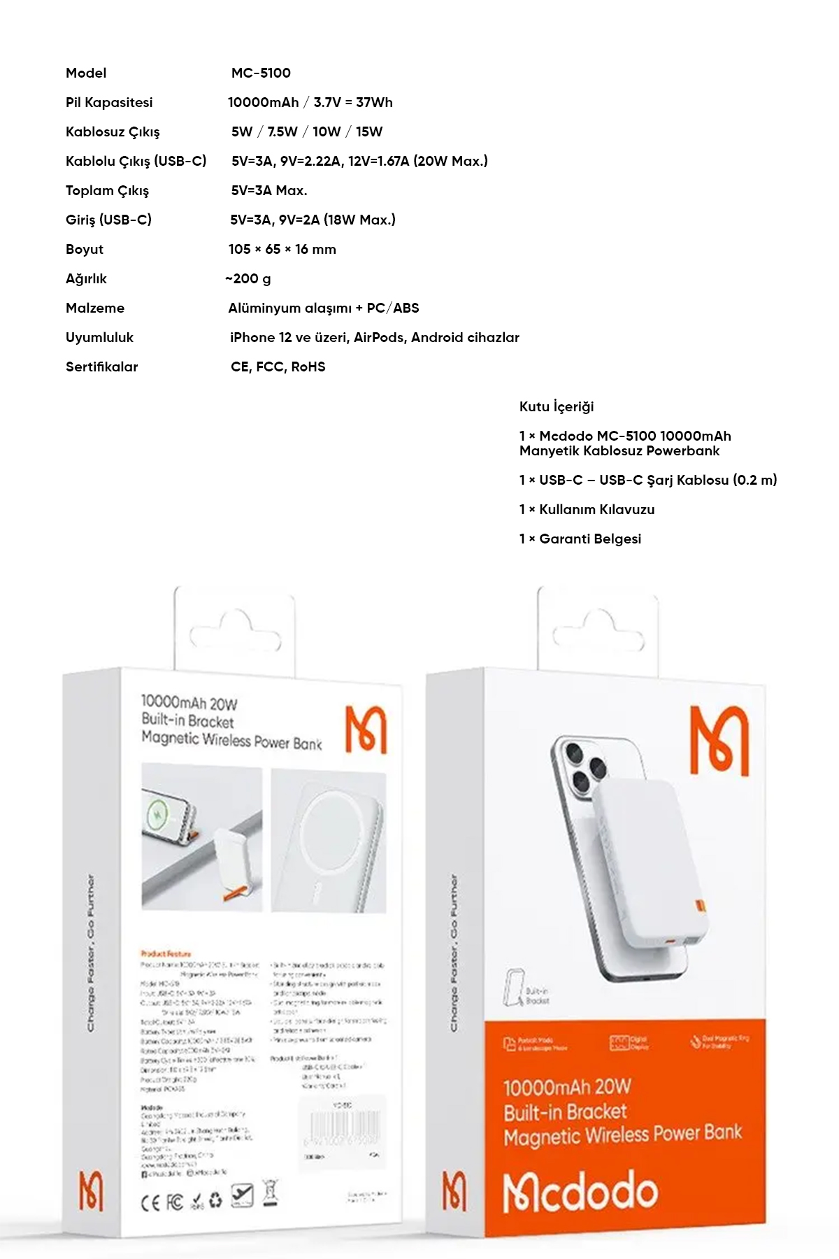 MC-5100 15W 10000mAh STANDLI MANYETİK KABLOSUZ POWERBANK- Beyaz Afişi