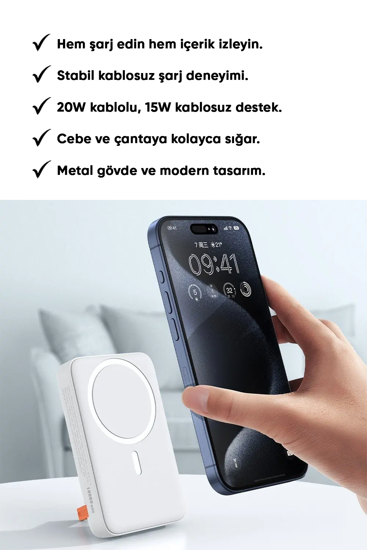 MC-5100 15W 10000mAh STANDLI MANYETİK KABLOSUZ POWERBANK- Beyaz Afişi