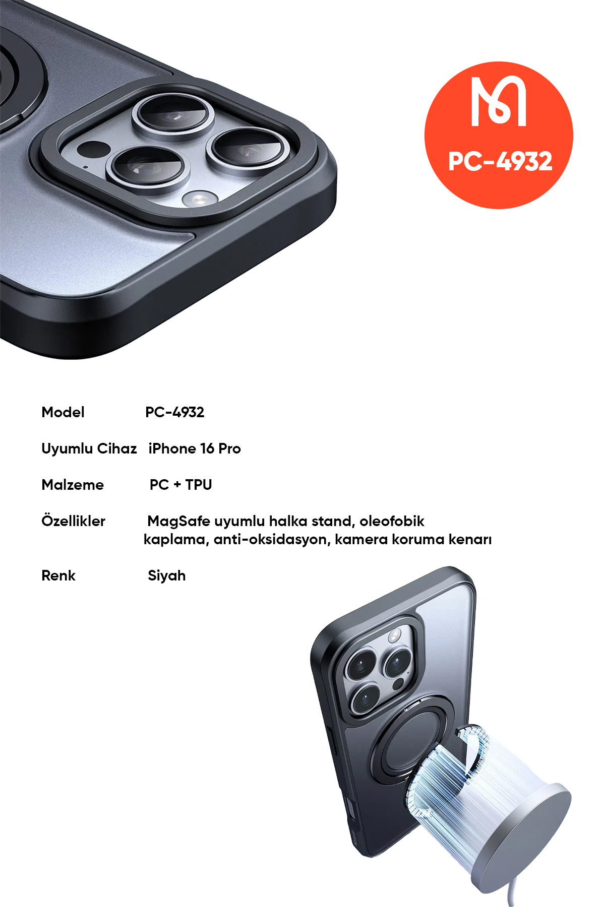 PC-4932 IPHONE 16 PRO UYUMLU HALKA STANDLI MAGSAFE SİYAH KAPAK Afişi