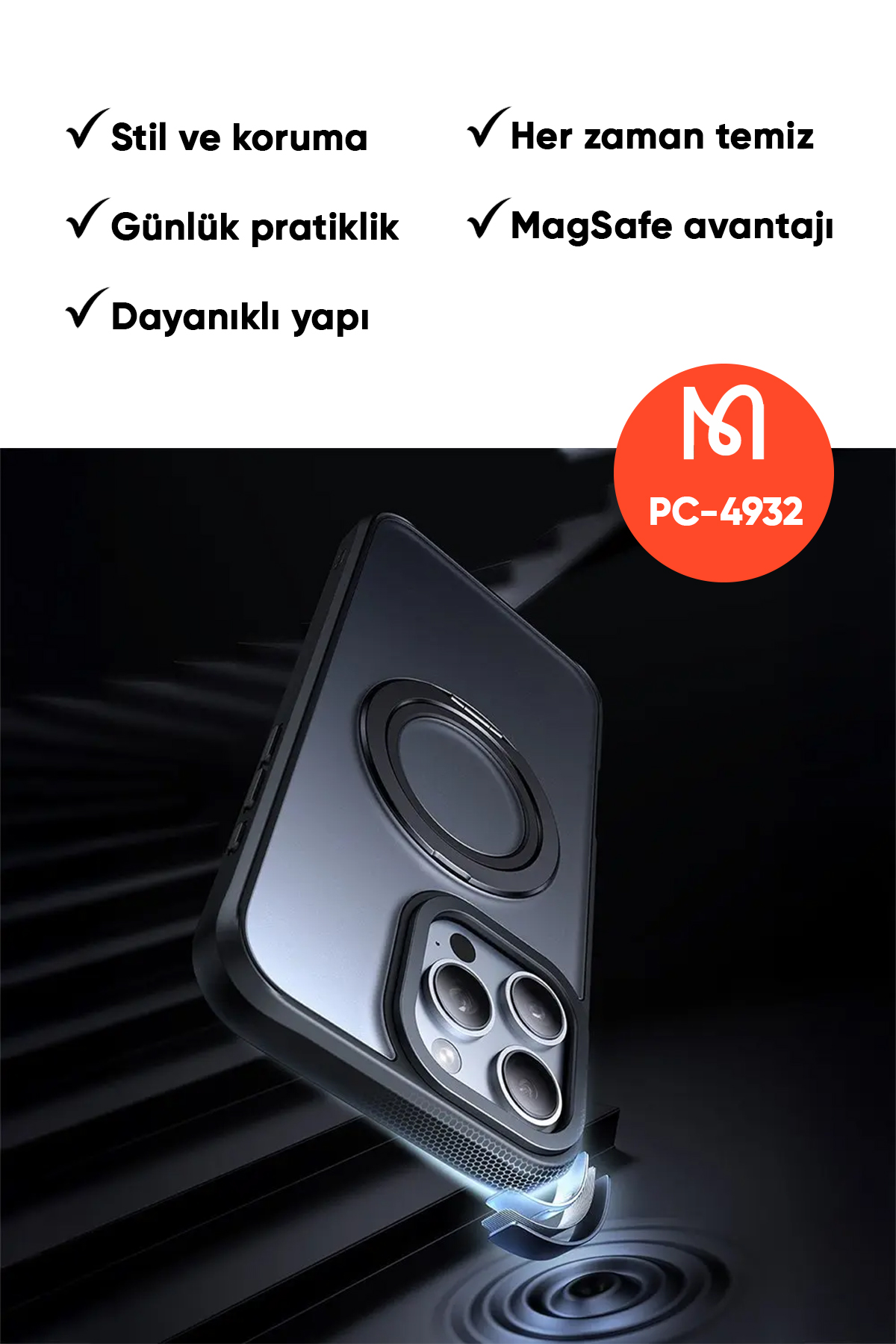 PC-4932 IPHONE 16 PRO UYUMLU HALKA STANDLI MAGSAFE SİYAH KAPAK Afişi