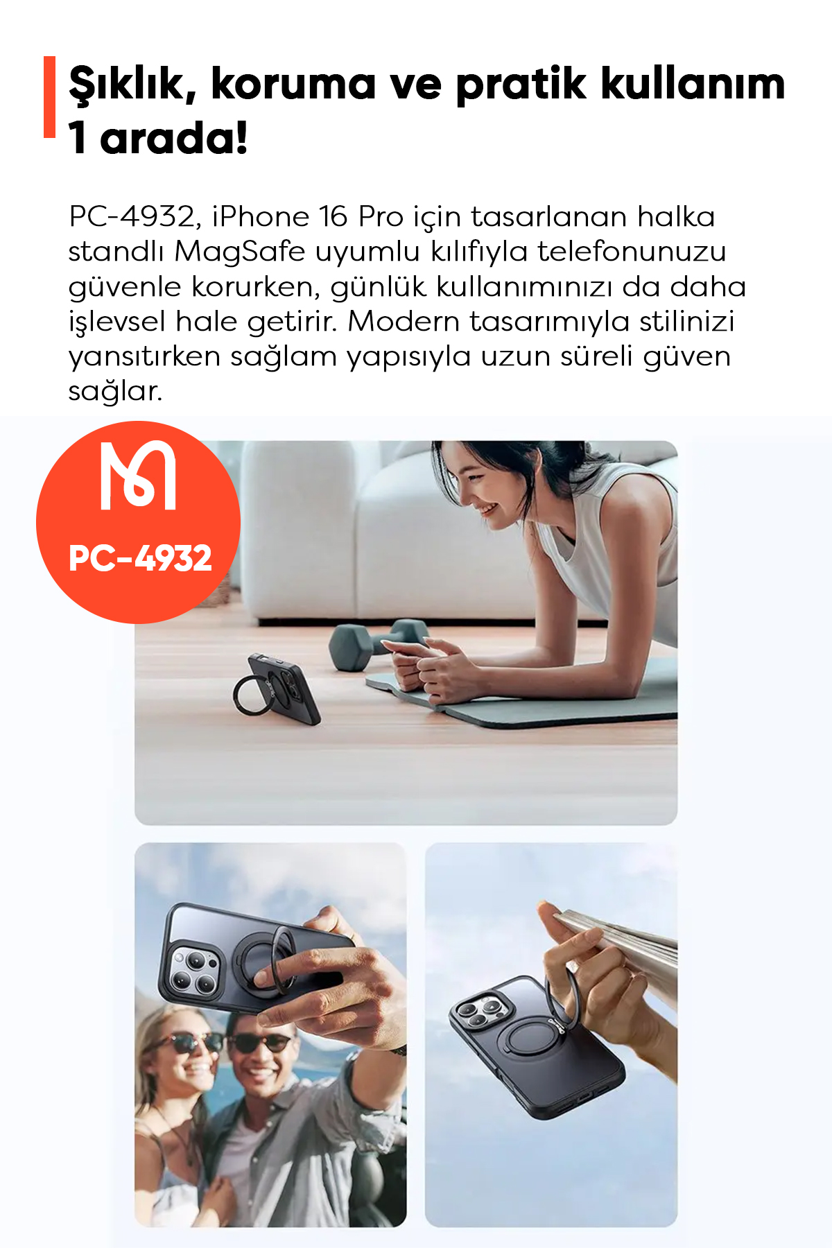 PC-4932 IPHONE 16 PRO UYUMLU HALKA STANDLI MAGSAFE SİYAH KAPAK Afişi