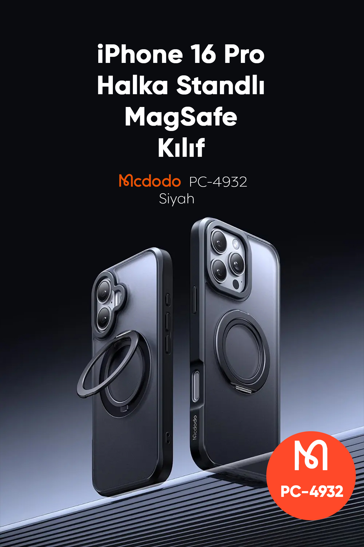 PC-4932 IPHONE 16 PRO UYUMLU HALKA STANDLI MAGSAFE SİYAH KAPAK Afişi
