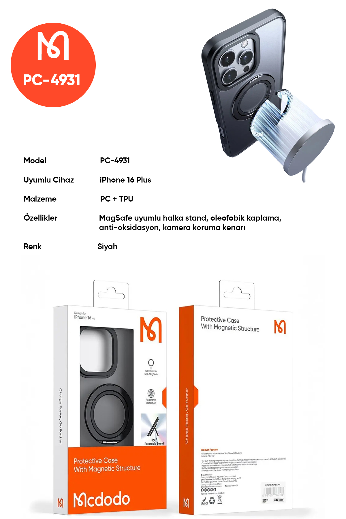 PC-4931 IPHONE 16 PLUS UYUMLU HALKA STANDLI MAGSAFE SİYAH KAPAK Afişi