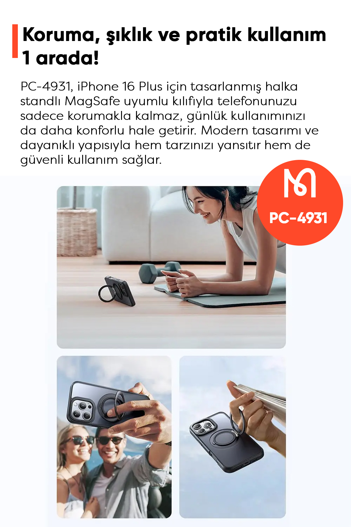 PC-4931 IPHONE 16 PLUS UYUMLU HALKA STANDLI MAGSAFE SİYAH KAPAK Afişi