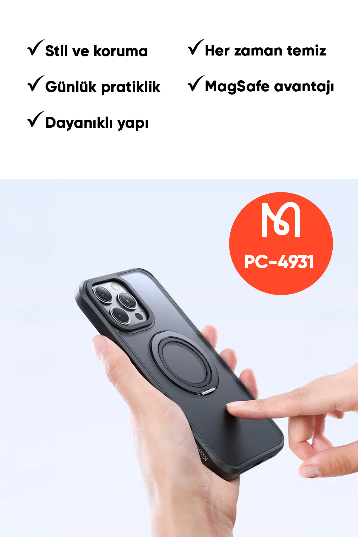 PC-4931 IPHONE 16 PLUS UYUMLU HALKA STANDLI MAGSAFE SİYAH KAPAK Afişi