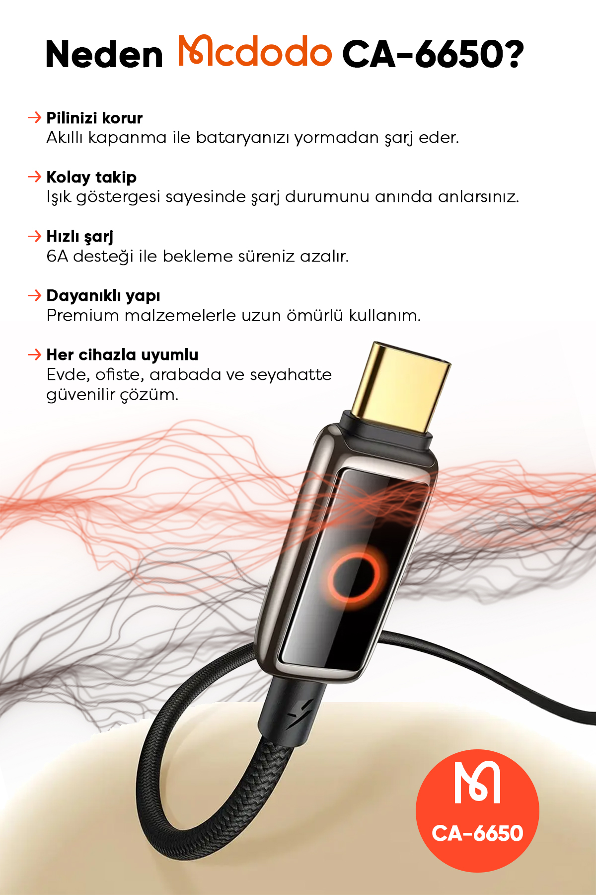 CA-6650 100W USB-A TO TYPE-C IŞIK GÖSTERGELİ PREMİUM 1.2M KABLO Afişi