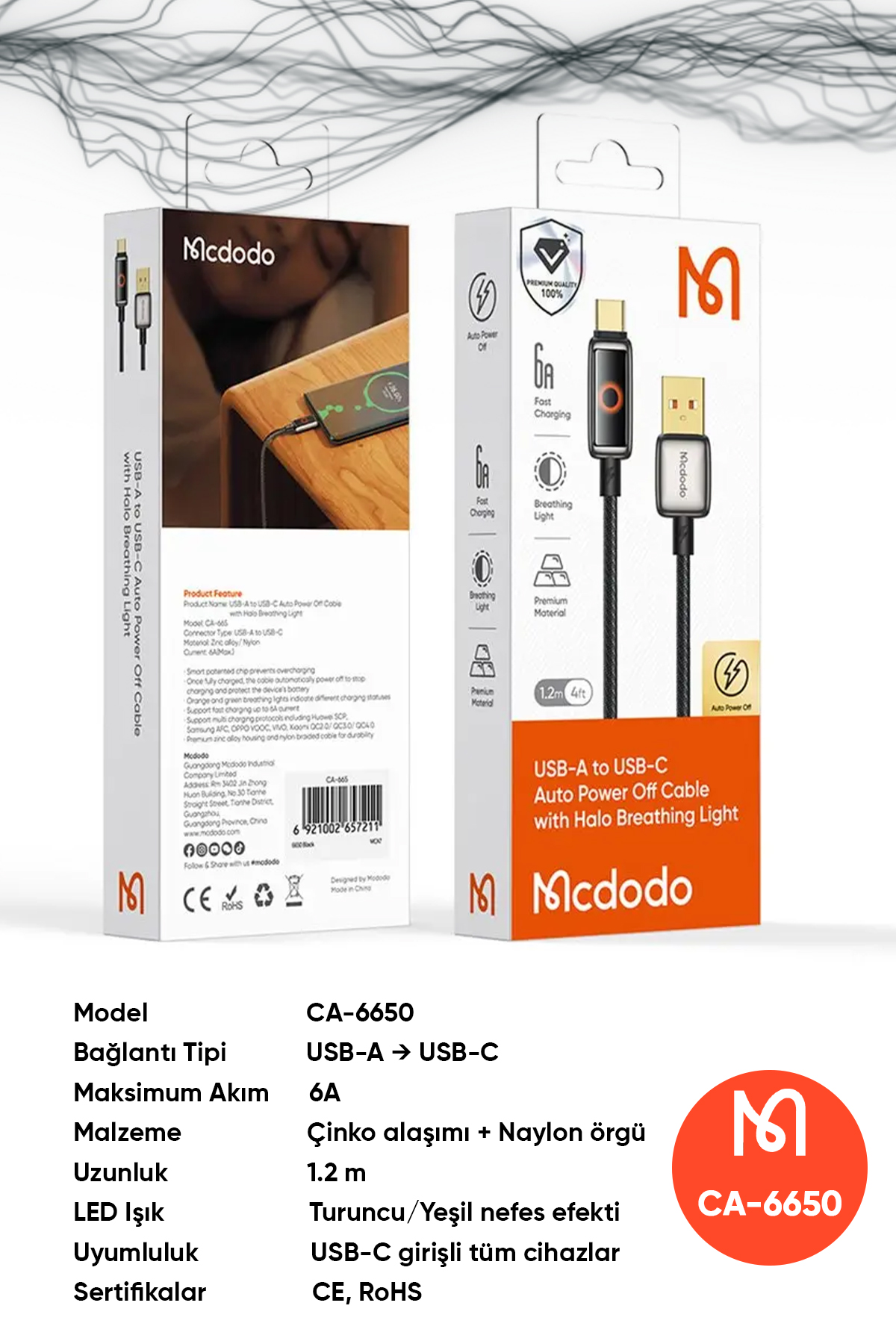 CA-6650 100W USB-A TO TYPE-C IŞIK GÖSTERGELİ PREMİUM 1.2M KABLO Afişi