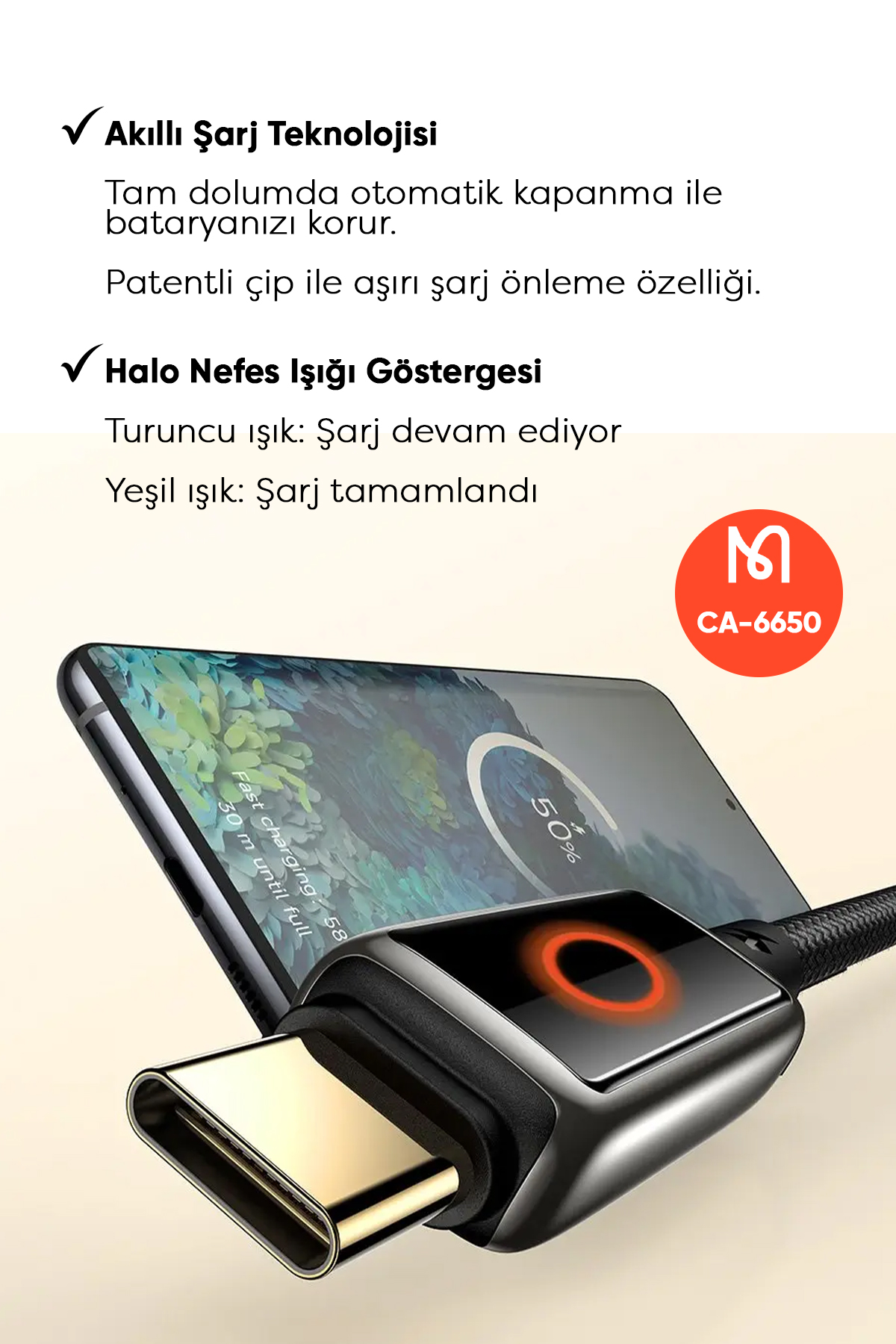 CA-6650 100W USB-A TO TYPE-C IŞIK GÖSTERGELİ PREMİUM 1.2M KABLO Afişi