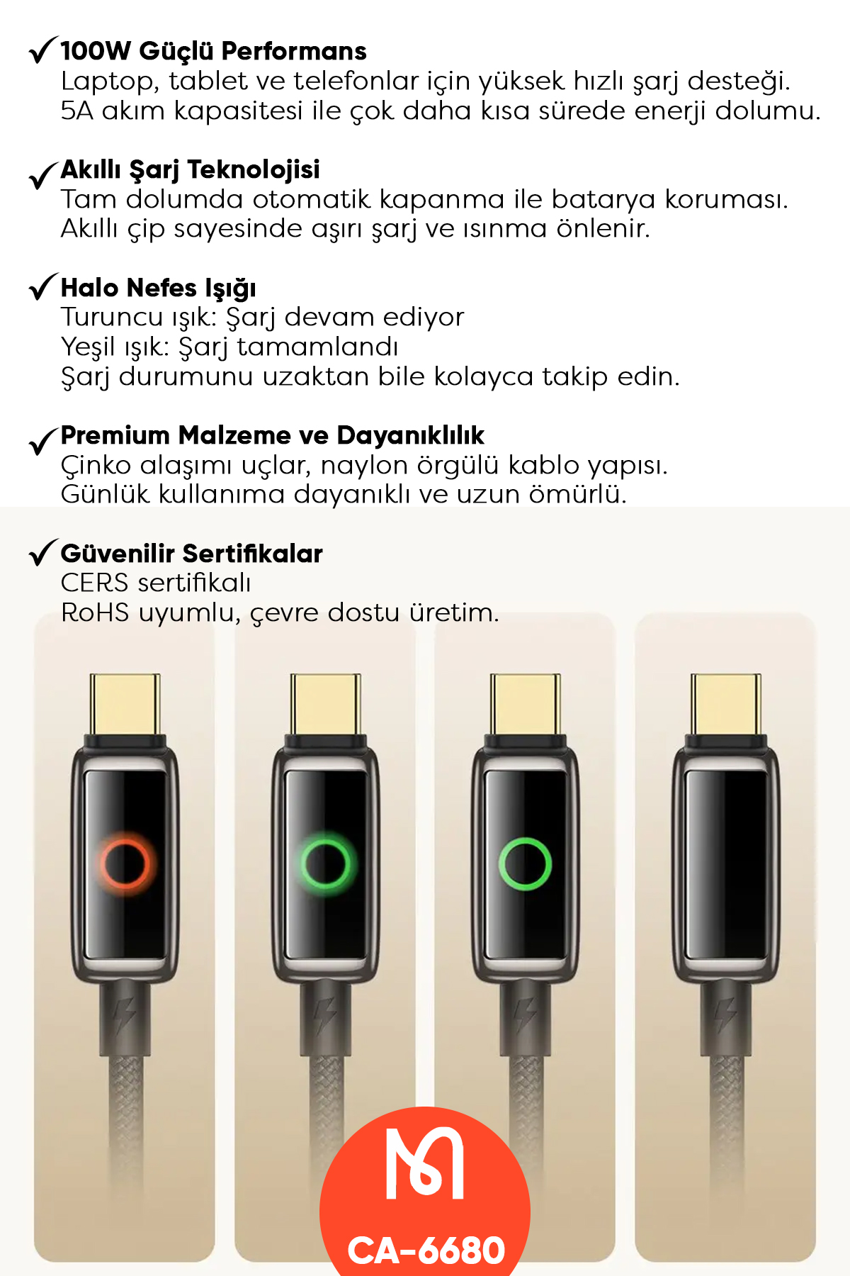 CA-6680 100W TYPE-C To TYPE-C IŞIK GÖSTERGELİ  PREMİUM 1.2M  KABLO Afişi