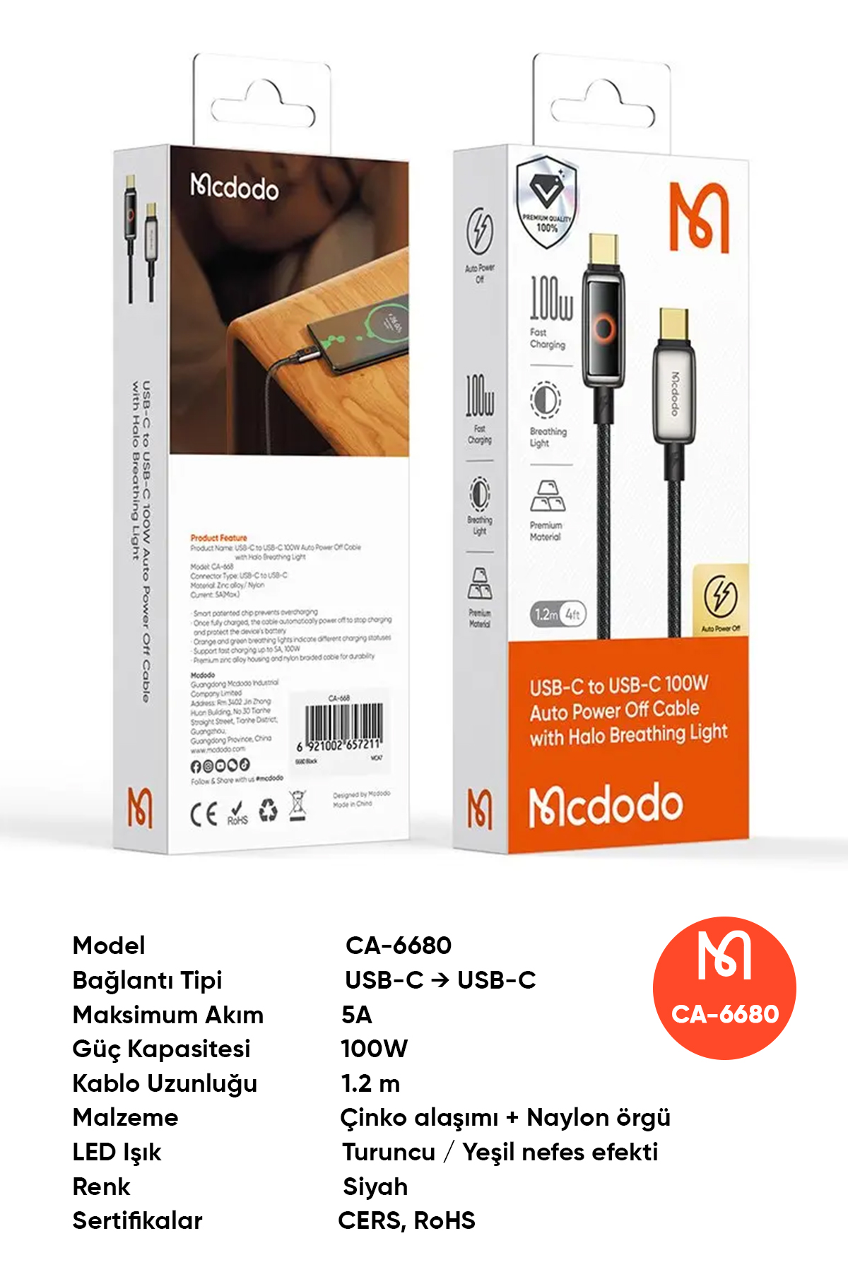 CA-6680 100W TYPE-C To TYPE-C IŞIK GÖSTERGELİ  PREMİUM 1.2M  KABLO Afişi