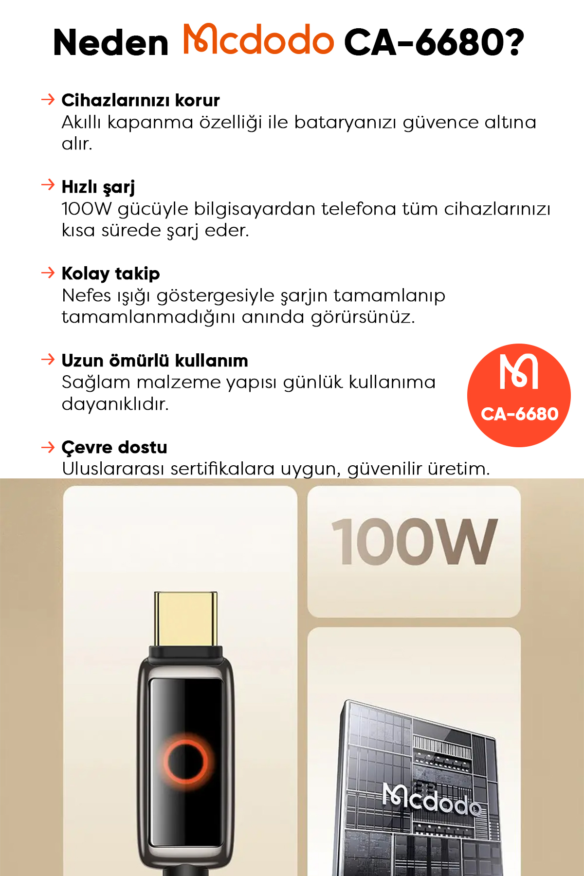 CA-6680 100W TYPE-C To TYPE-C IŞIK GÖSTERGELİ  PREMİUM 1.2M  KABLO Afişi