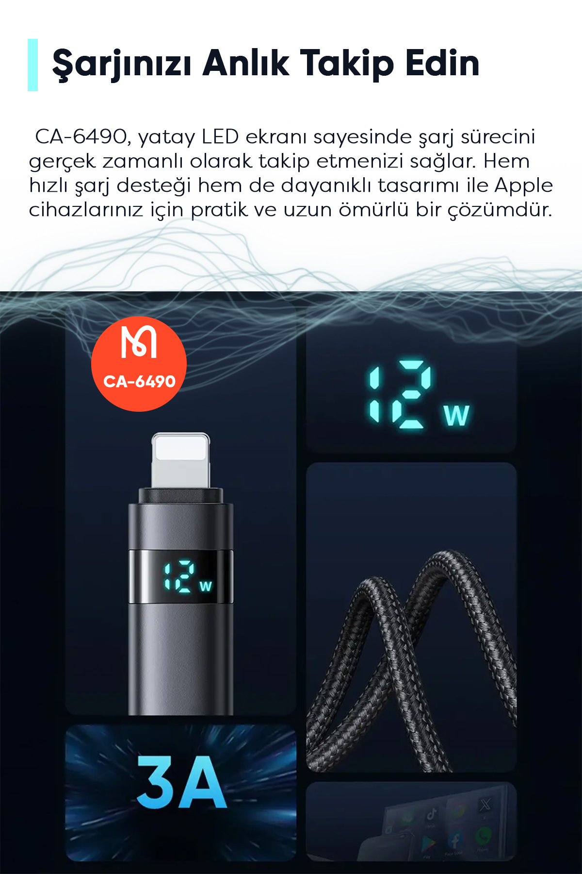 CA-6490 USB-A - YATAY LED EKRANLI AYDINLATMA KABLOSU SİYAH 1.2M Afişi