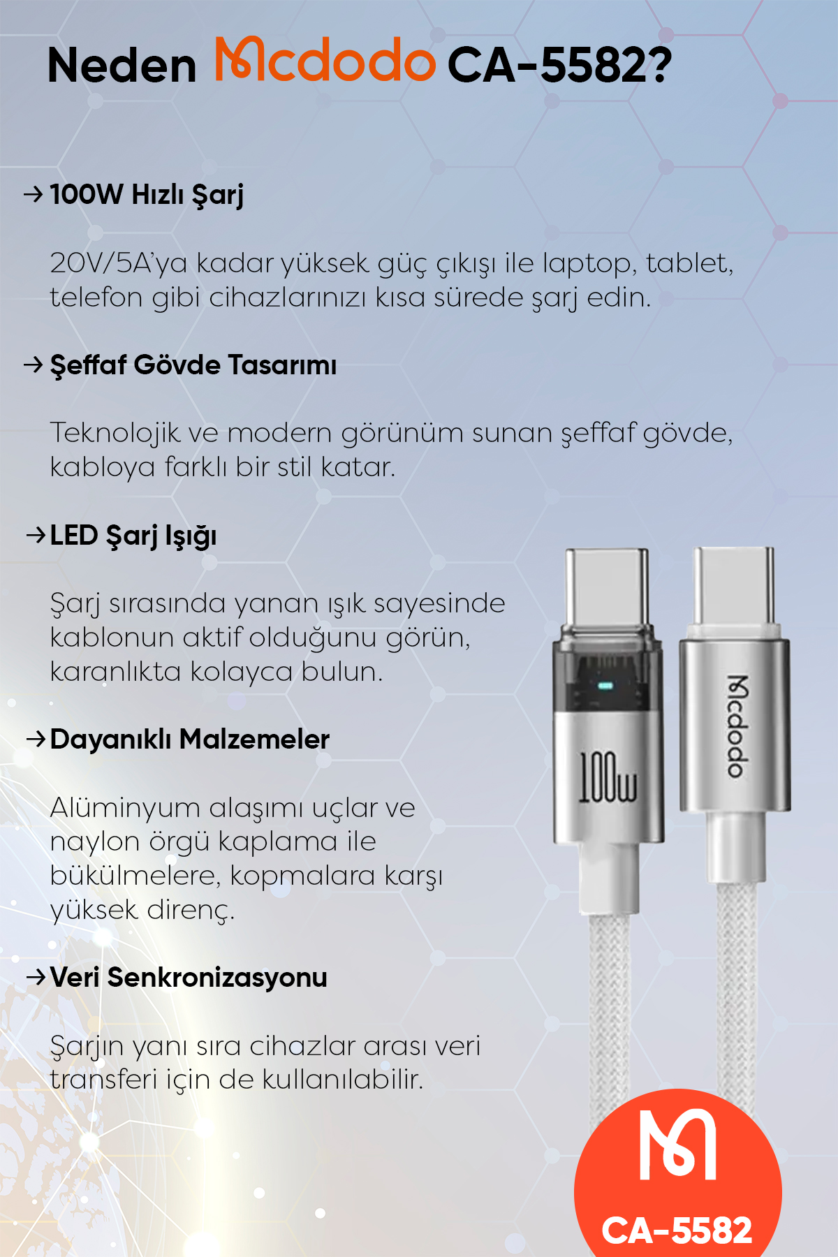 CA-5582 TYPE-C TO TYPE-C 100W ŞEFFAF KABLO ŞARJ IŞIĞI İLE BEYAZ 1.2M Afişi