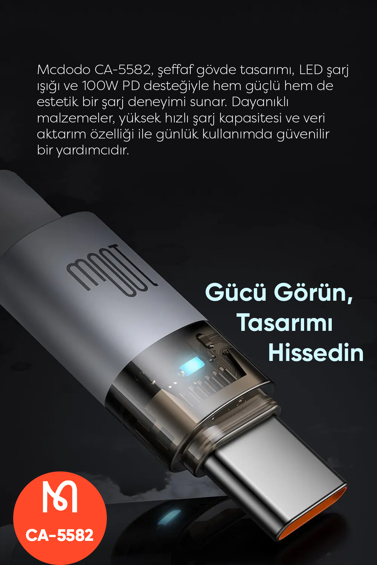 CA-5582 TYPE-C TO TYPE-C 100W ŞEFFAF KABLO ŞARJ IŞIĞI İLE BEYAZ 1.2M Afişi