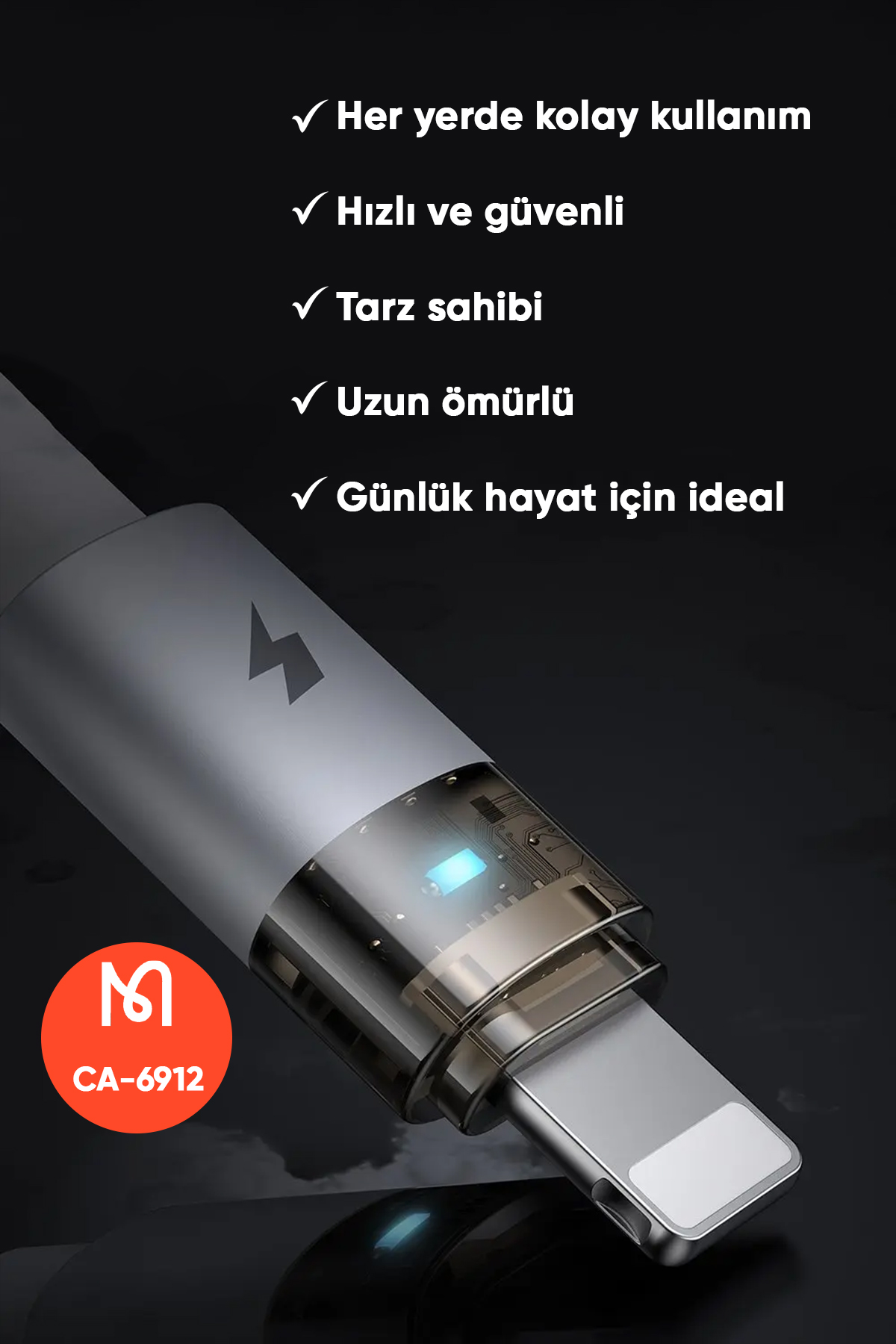 CA-6912 USB-A TO LIGHTNİNG ŞEFFAF KABLO ŞARJ IŞIĞI İLE BEYAZ 1.2M Afişi